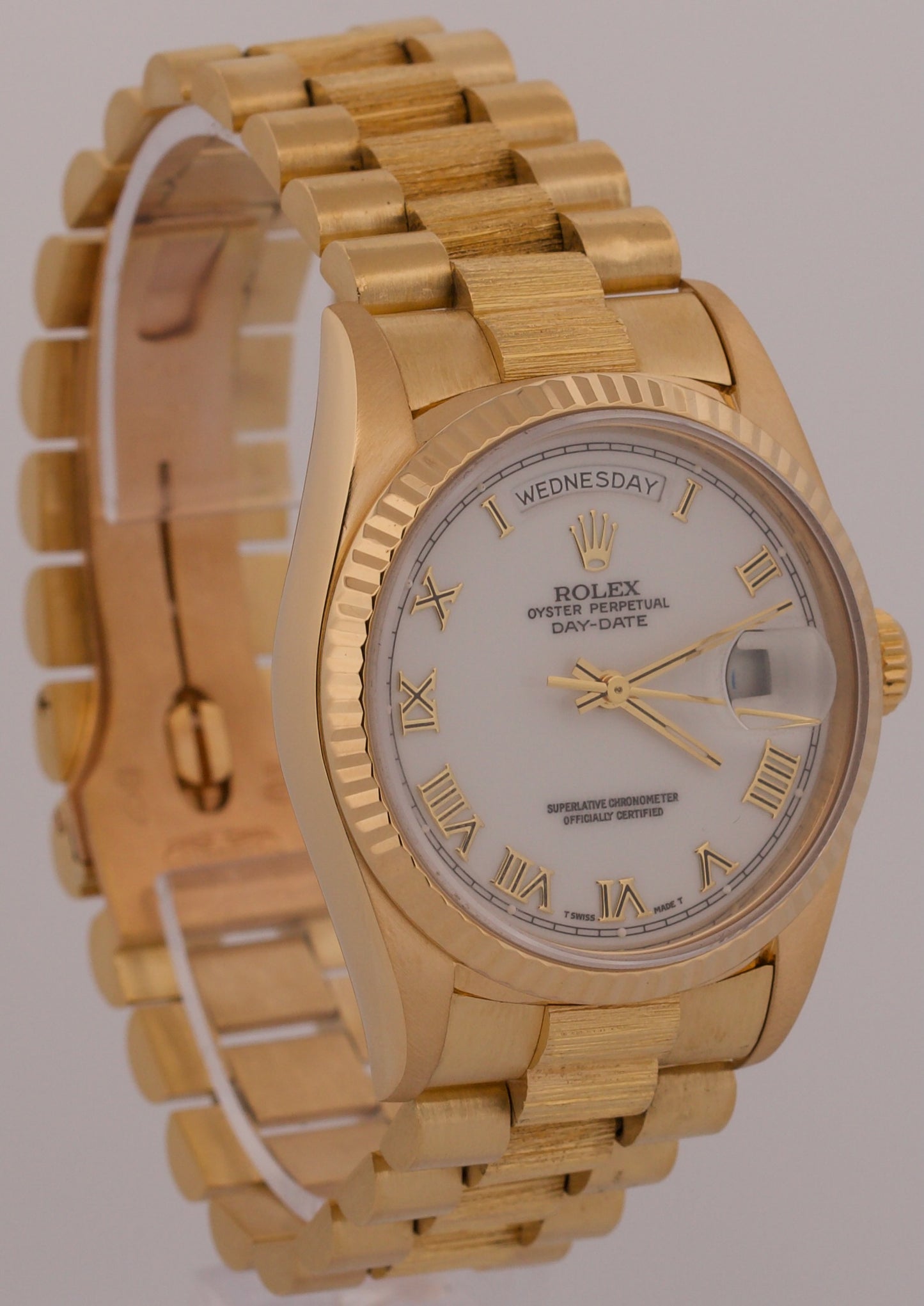 1979 Rolex Day-Date President 36mm WHITE ROMAN BARK 18K Yellow Gold Fluted 18078