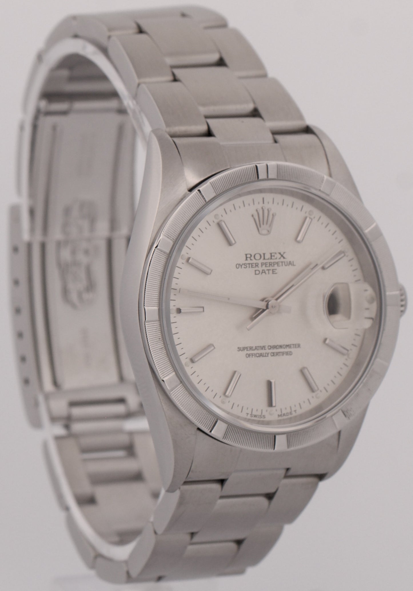 1996 Rolex Oyster Perpetual Date 34mm SILVER Steel Oyster NO-HOLES 15210 Watch