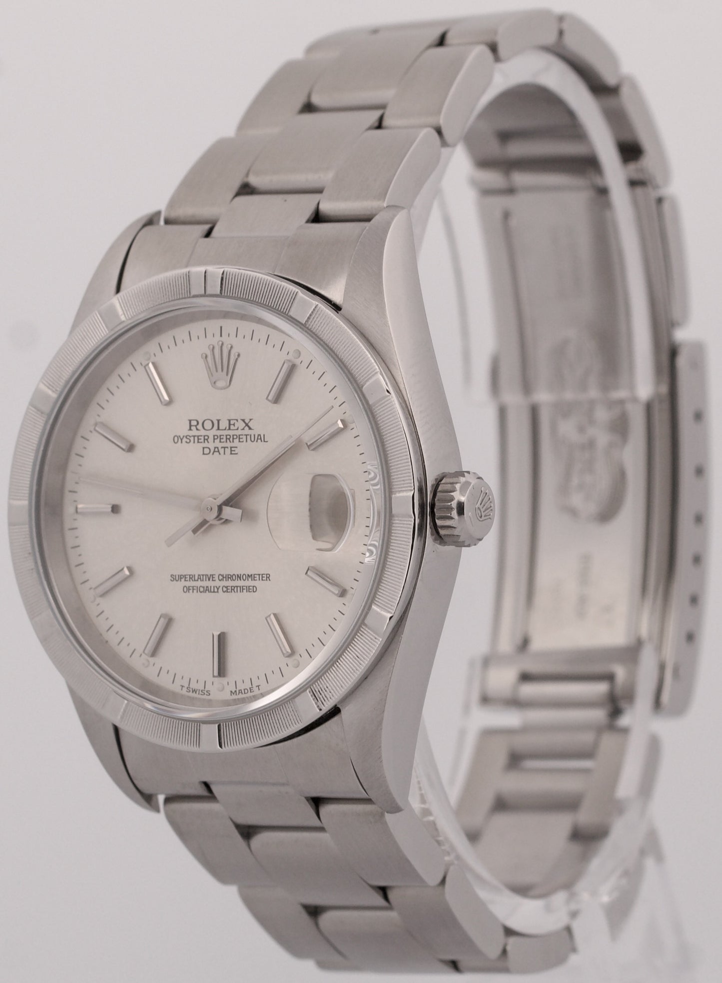 1996 Rolex Oyster Perpetual Date 34mm SILVER Steel Oyster NO-HOLES 15210 Watch