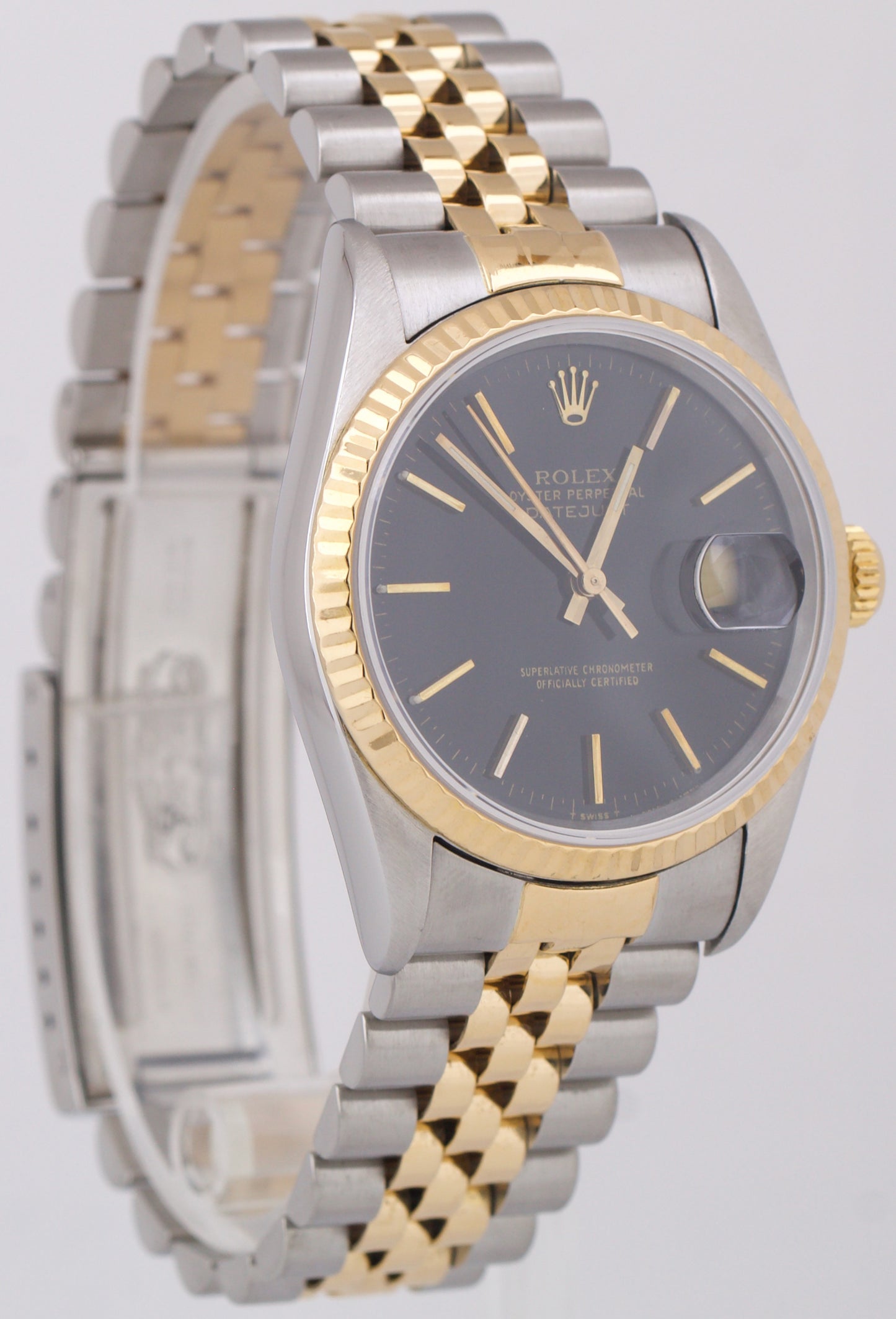 MINT Rolex DateJust 36mm BLACK Two-Tone 18K JUBILEE Gold Steel NO-HOLES 16233