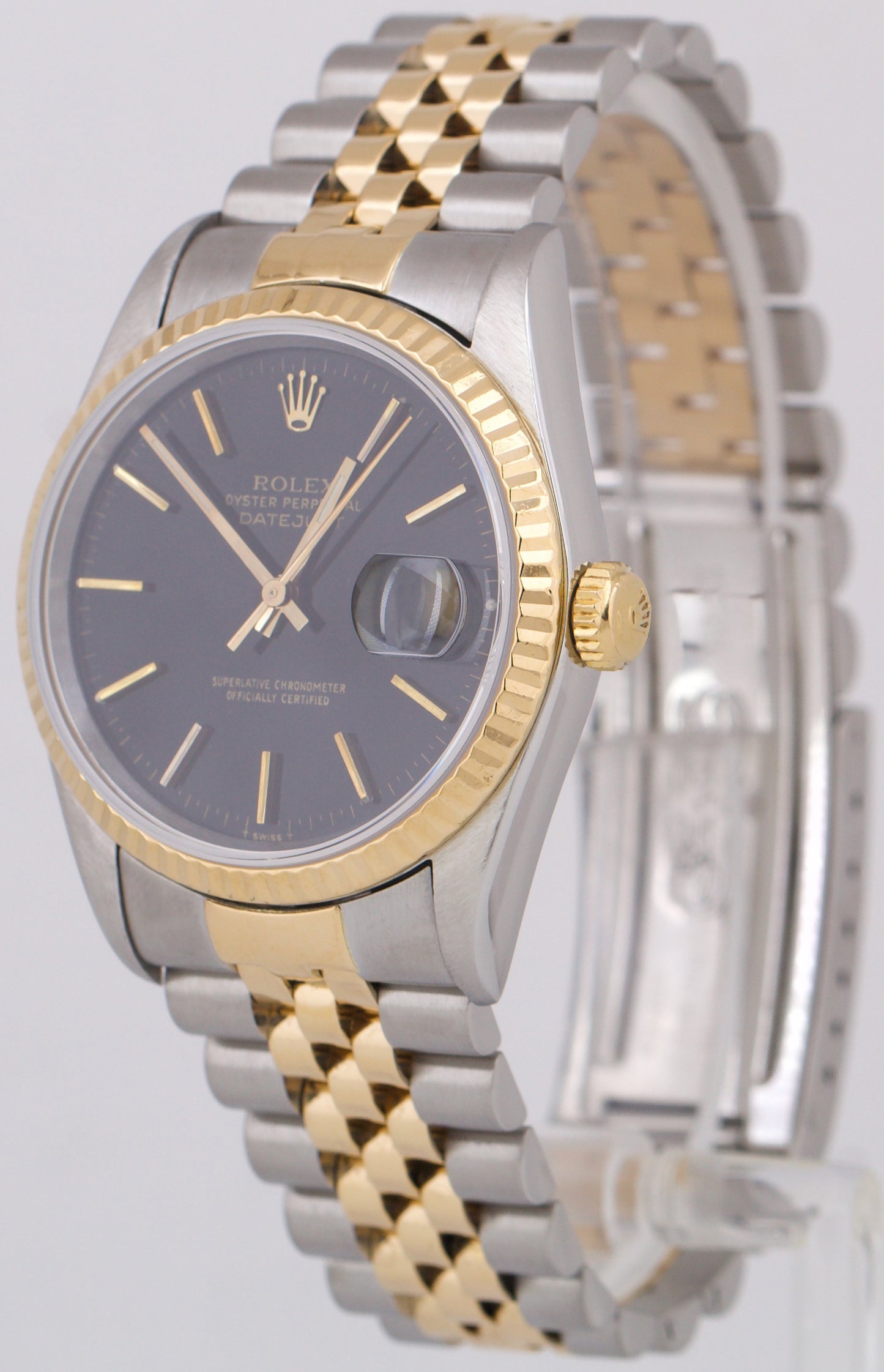 MINT Rolex DateJust 36mm BLACK Two-Tone 18K JUBILEE Gold Steel NO-HOLES 16233