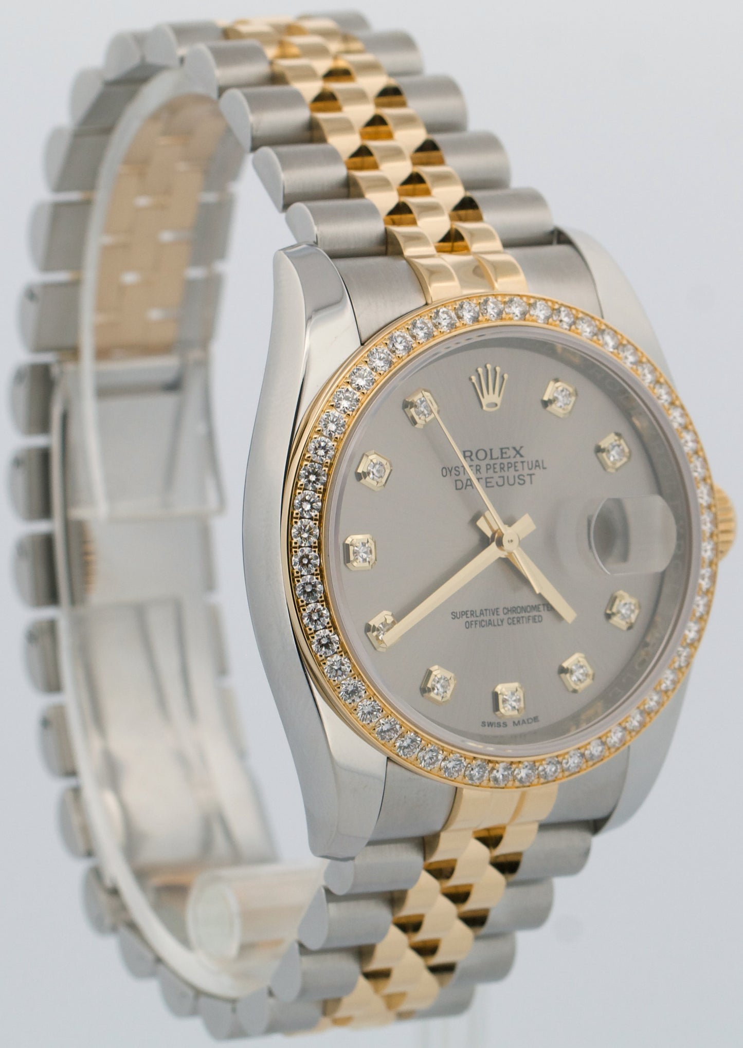 PAPERS Rolex DateJust 36mm FACTORY RHODIUM DIAMOND 18K Gold JUBILEE 116243 BOX