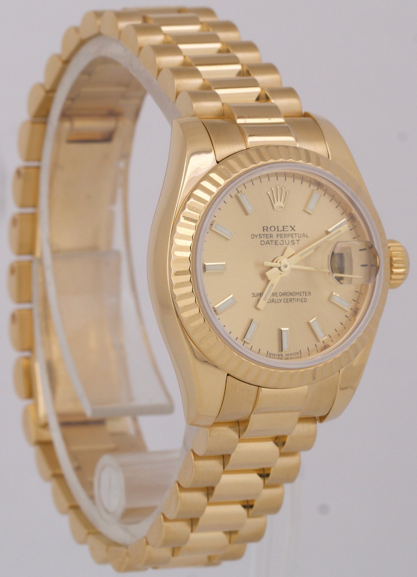 PAPERS Ladies Rolex DateJust President 26mm CHAMPAGNE 18K Yellow Gold 179178 BOX