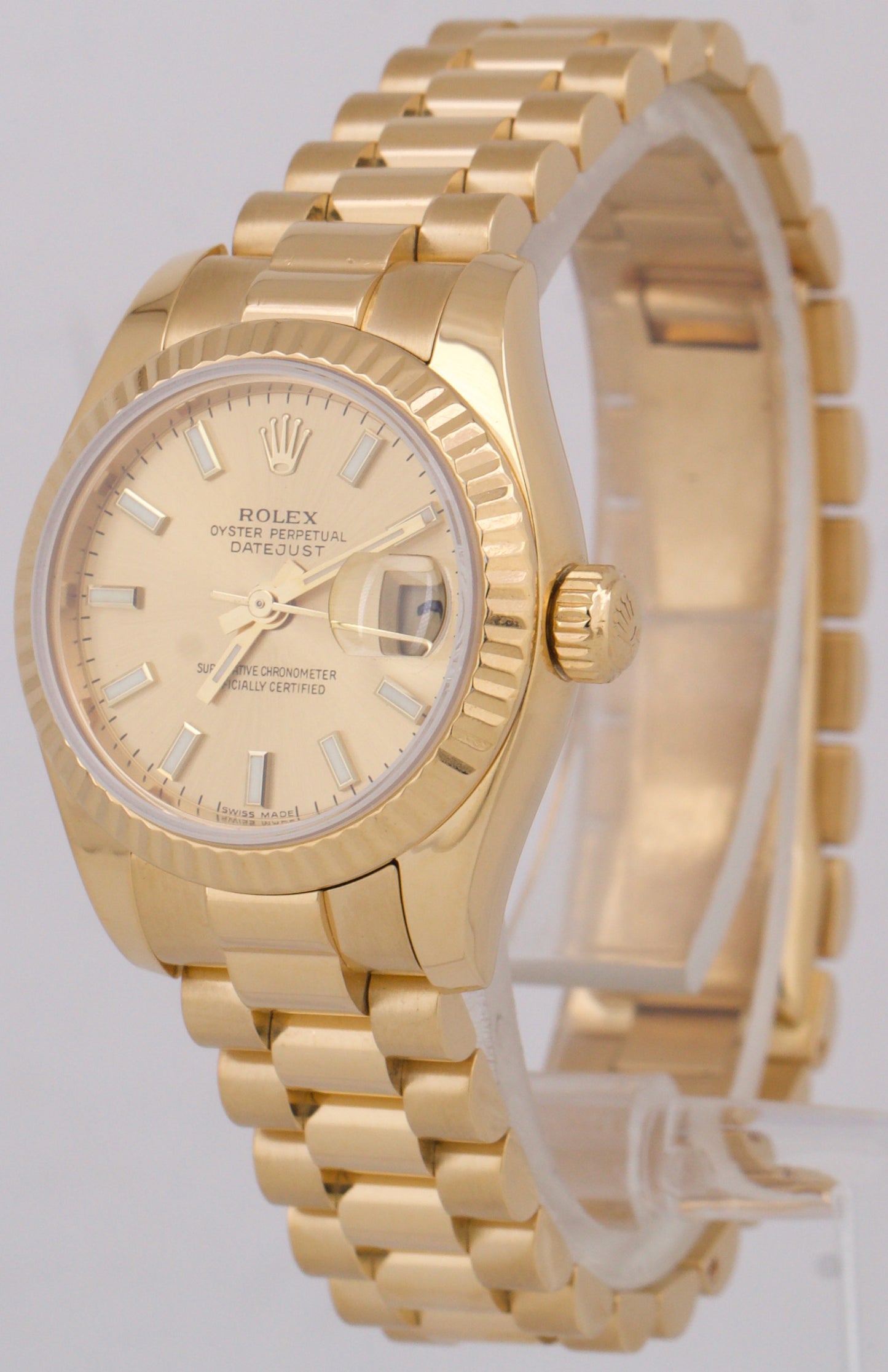 PAPERS Ladies Rolex DateJust President 26mm CHAMPAGNE 18K Yellow Gold 179178 BOX