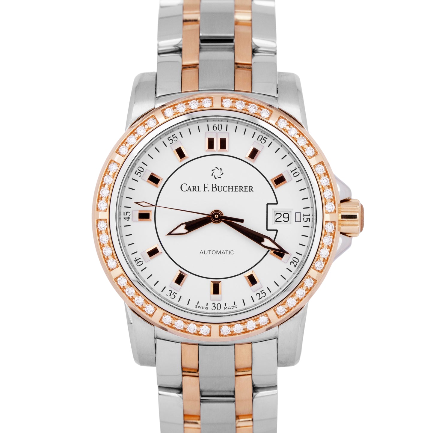 Carl F. Bucherer Patravi 38mm White Steel Rose Gold DIAMOND Watch 00.10617.07.23