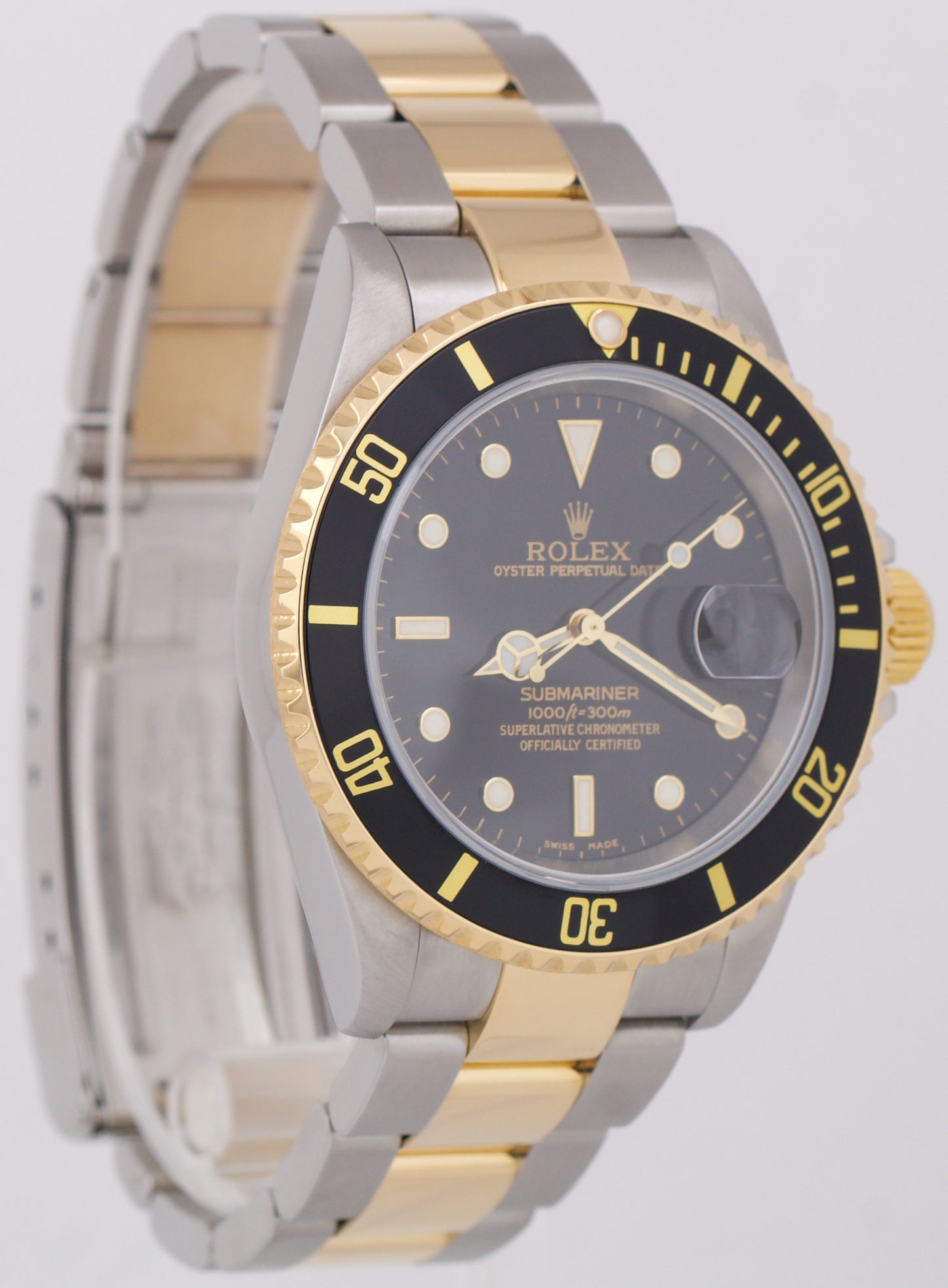 PAPERS Rolex Submariner Date 40mm BLACK 18K Yellow Gold NO-HOLES Steel 16613 BOX