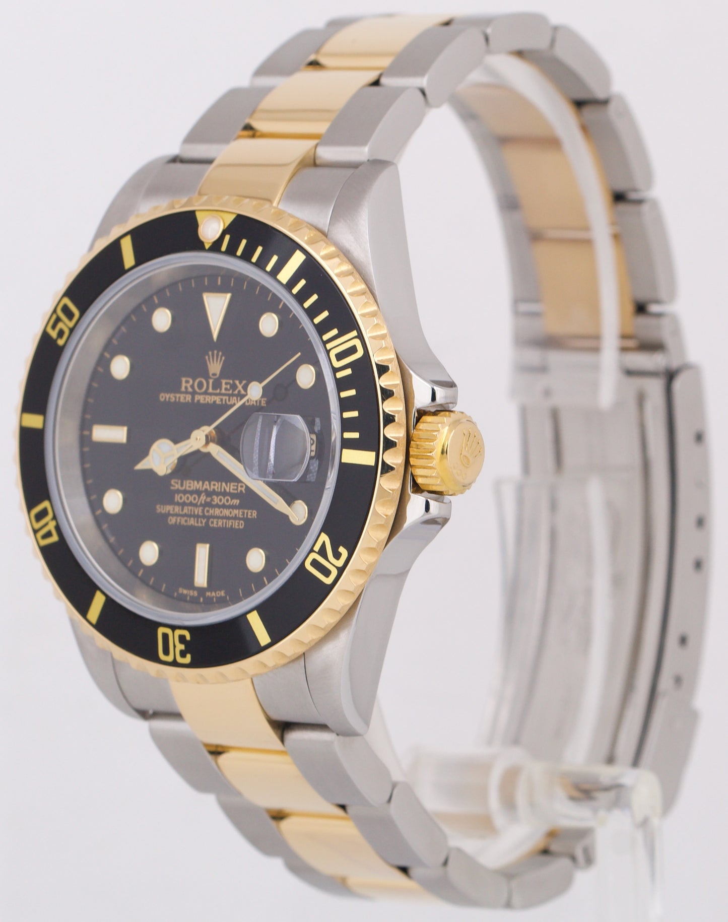 PAPERS Rolex Submariner Date 40mm BLACK 18K Yellow Gold NO-HOLES Steel 16613 BOX