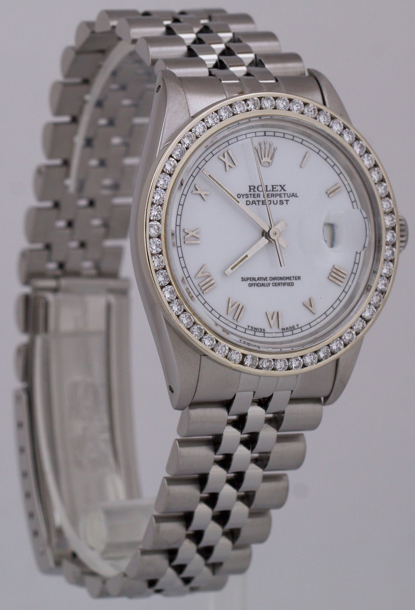 Rolex DateJust 36mm DIAMOND Stainless Steel WHITE ROMAN Jubilee Watch 16030