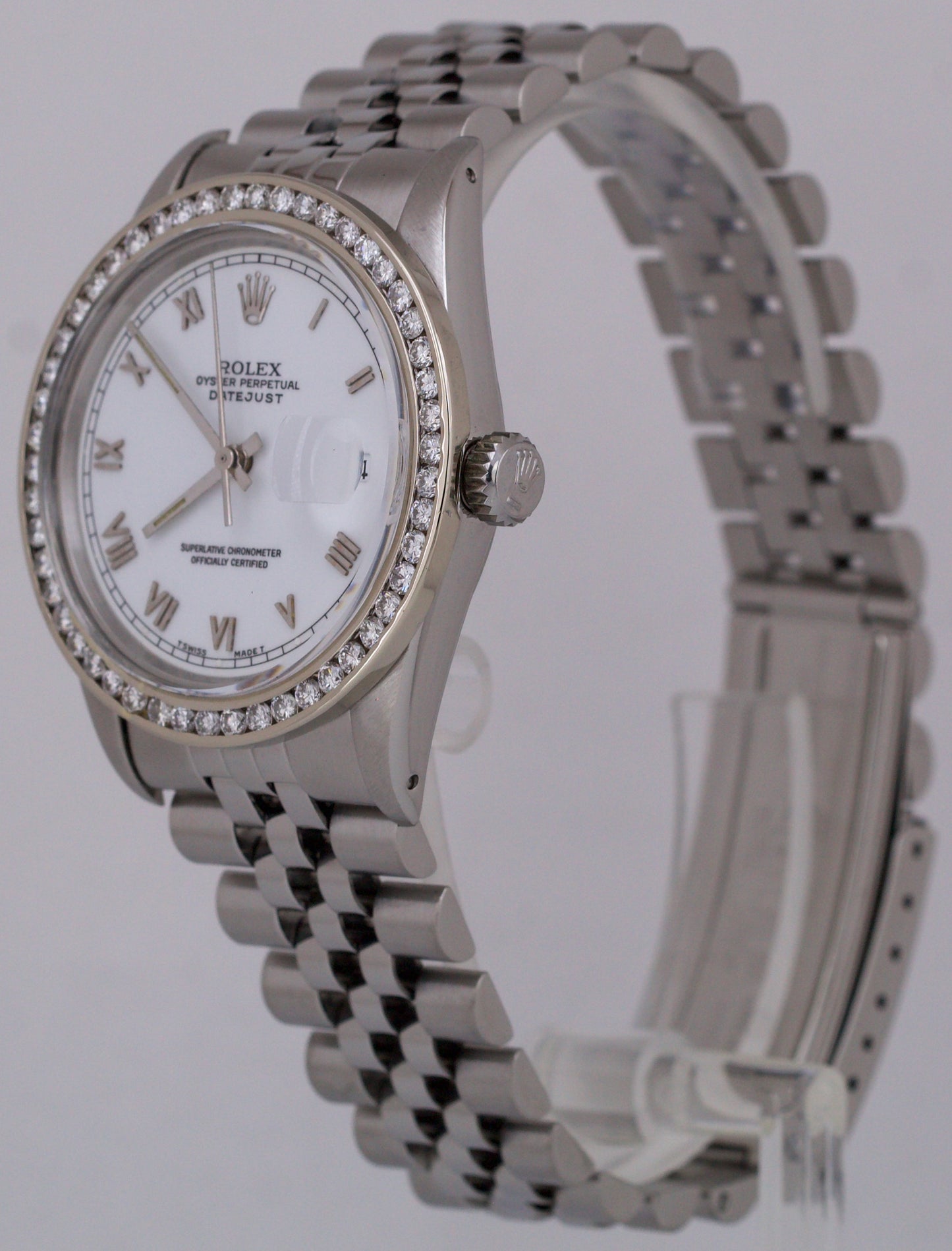 Rolex DateJust 36mm DIAMOND Stainless Steel WHITE ROMAN Jubilee Watch 16030