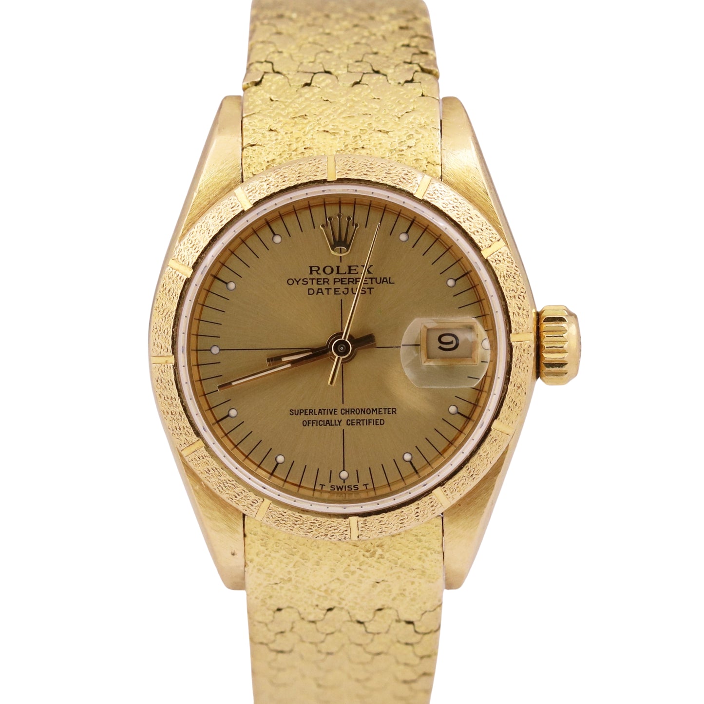 VINTAGE Ladies Rolex DateJust 26mm CHAMPAGNE Quadrant FLORENTINE 18K Gold 69008