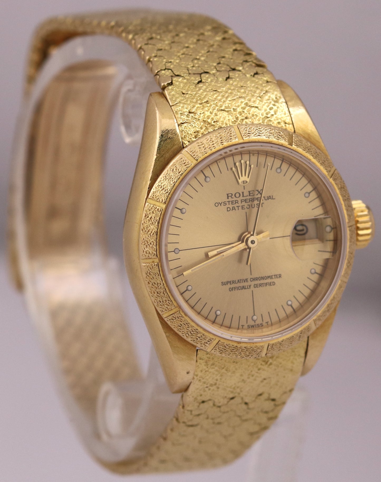 VINTAGE Ladies Rolex DateJust 26mm CHAMPAGNE Quadrant FLORENTINE 18K Gold 69008