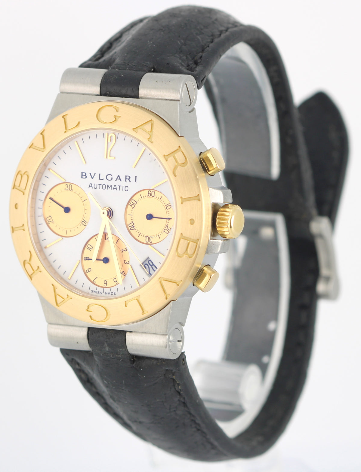 BVLGARI Diagono Two-Tone 18k Yellow Gold Steel White 36mm CH 35 SG Leather Watch