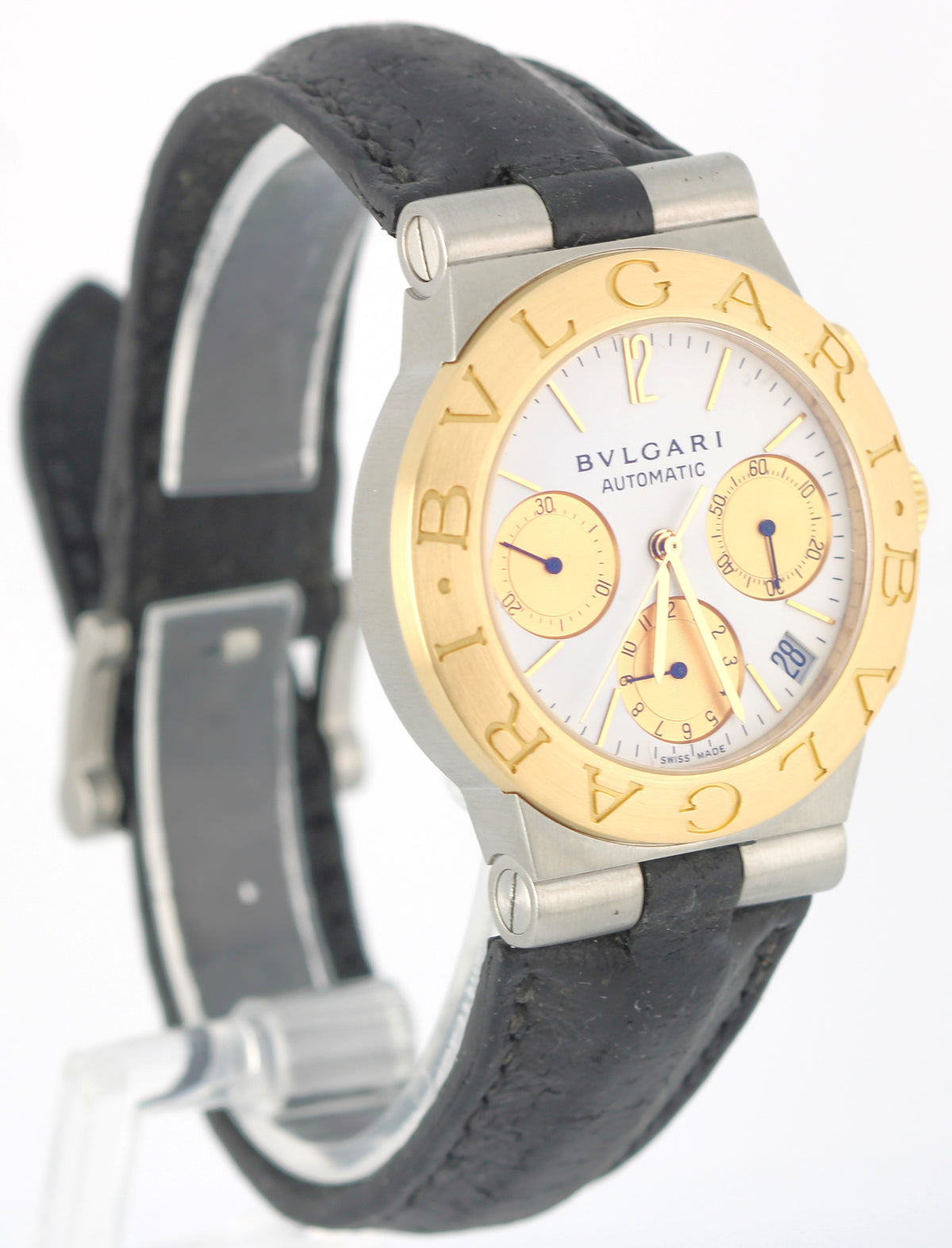 BVLGARI Diagono Two-Tone 18k Yellow Gold Steel White 36mm CH 35 SG Leather Watch