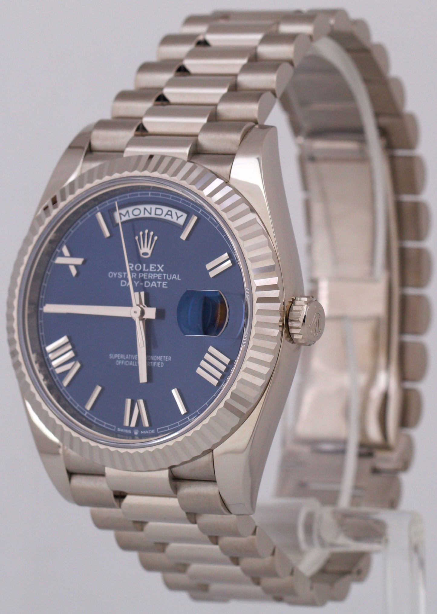 MINT 2023 Rolex Day-Date 40mm BLUE ROMAN President 18K White Gold 228239 BOX