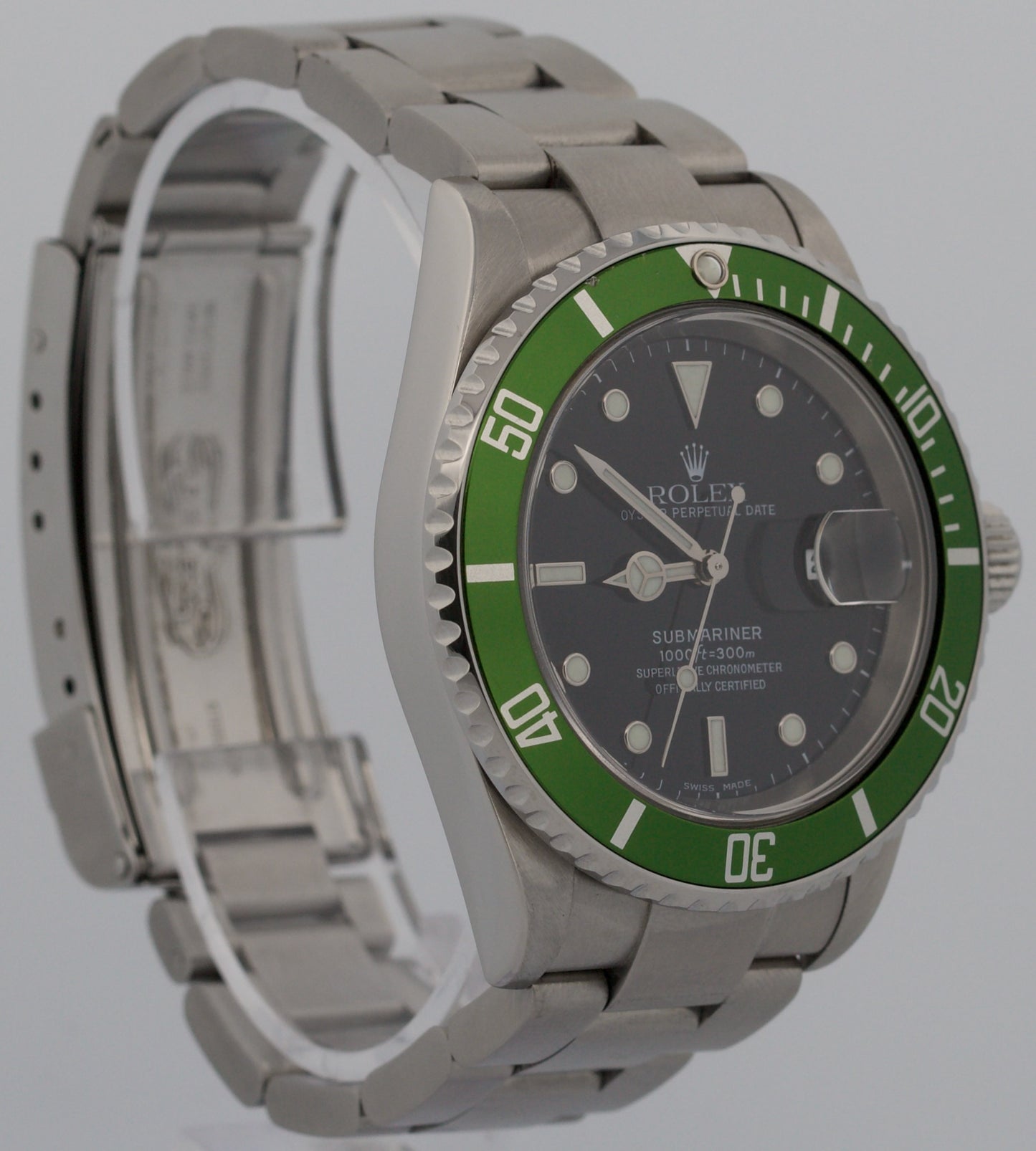 Rolex Submariner Date BLACK Stainless Steel GREEN No-Holes 40mm Watch 16610