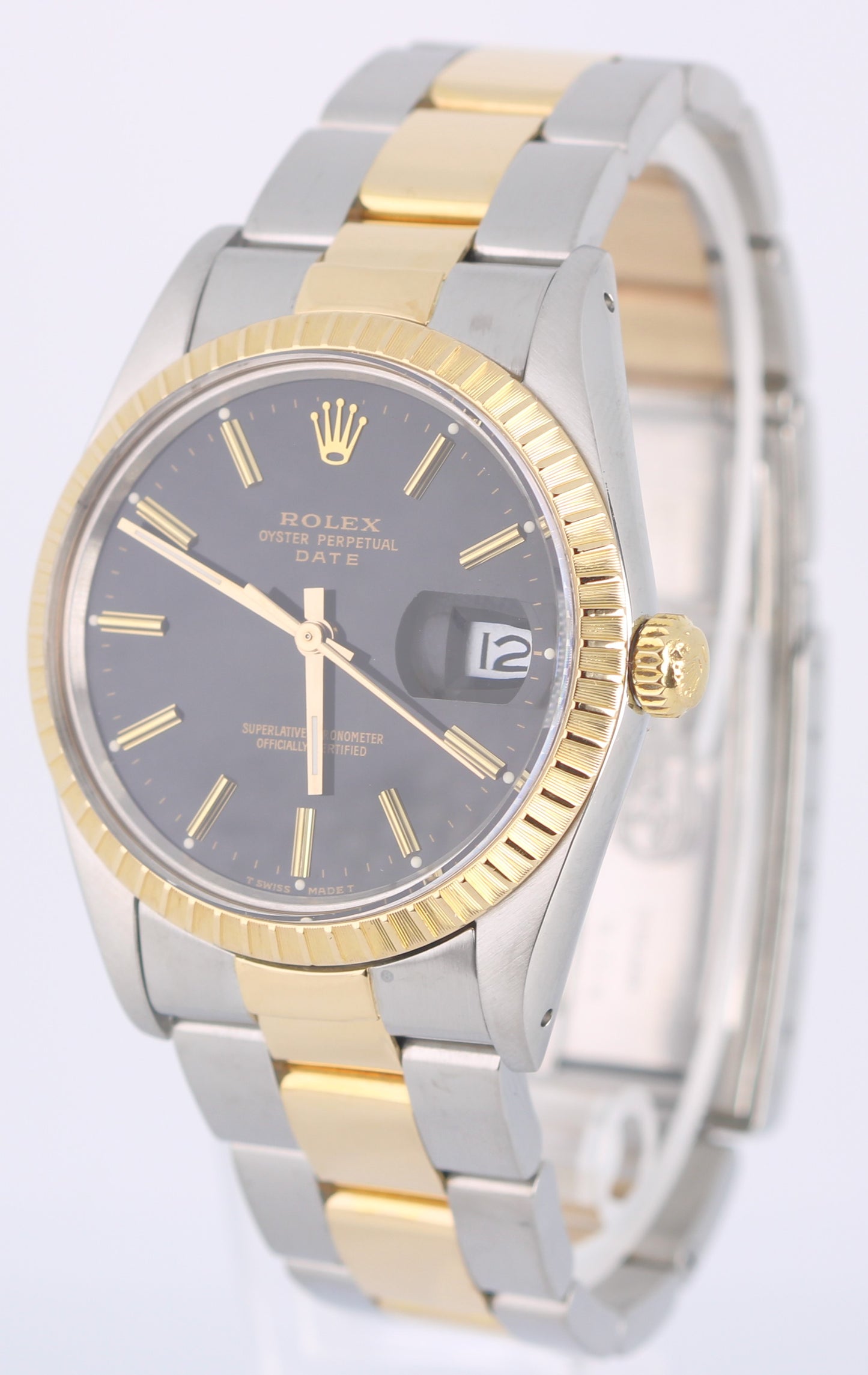 VINTAGE Rolex Oyster Perpetual DATE Two-Tone Gold Steel Black 34mm 15053 Watch