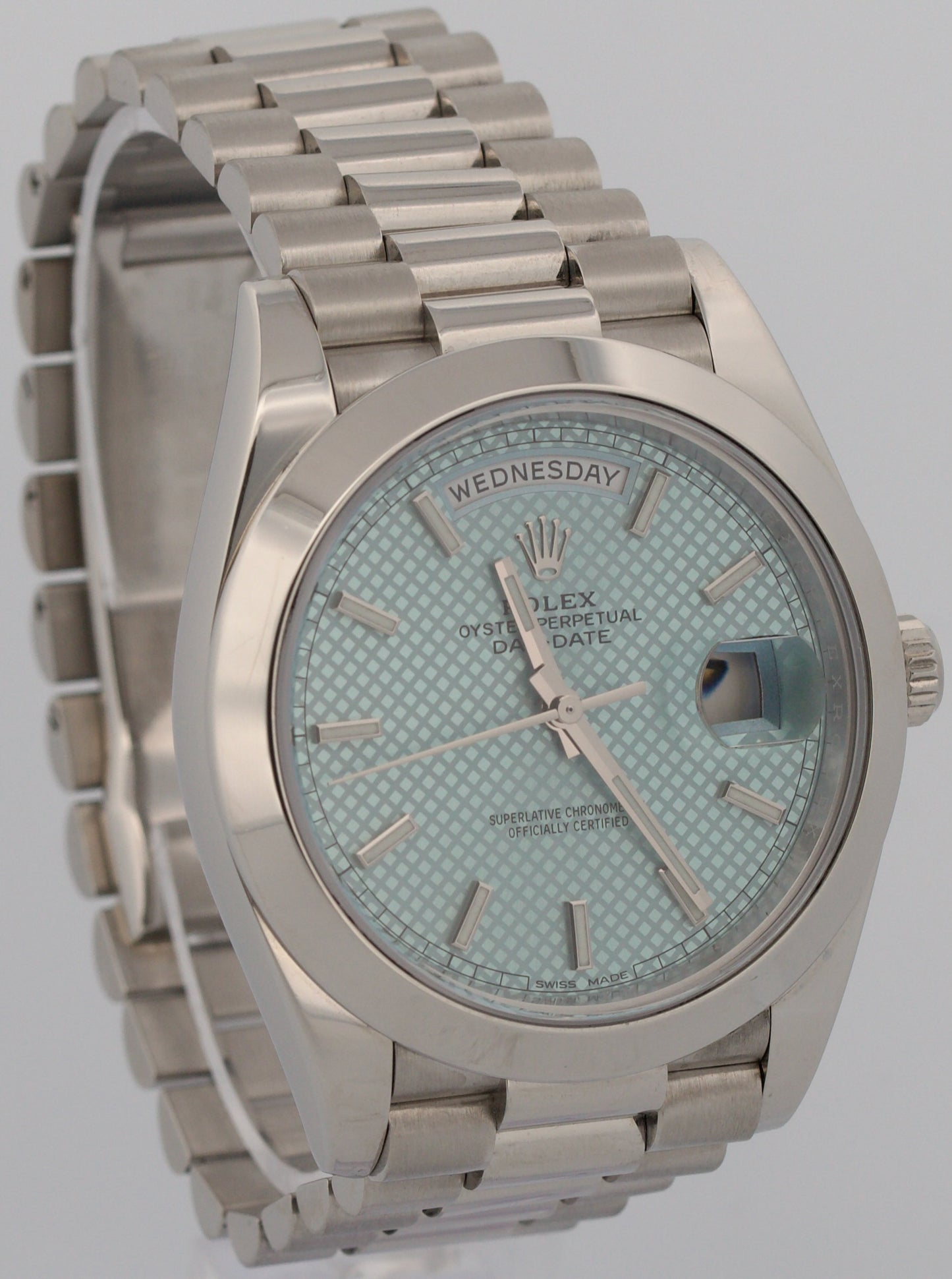 Rolex Day-Date President 40mm 950 Platinum GLACIER BLUE MOTIF Smooth 228206 BOX