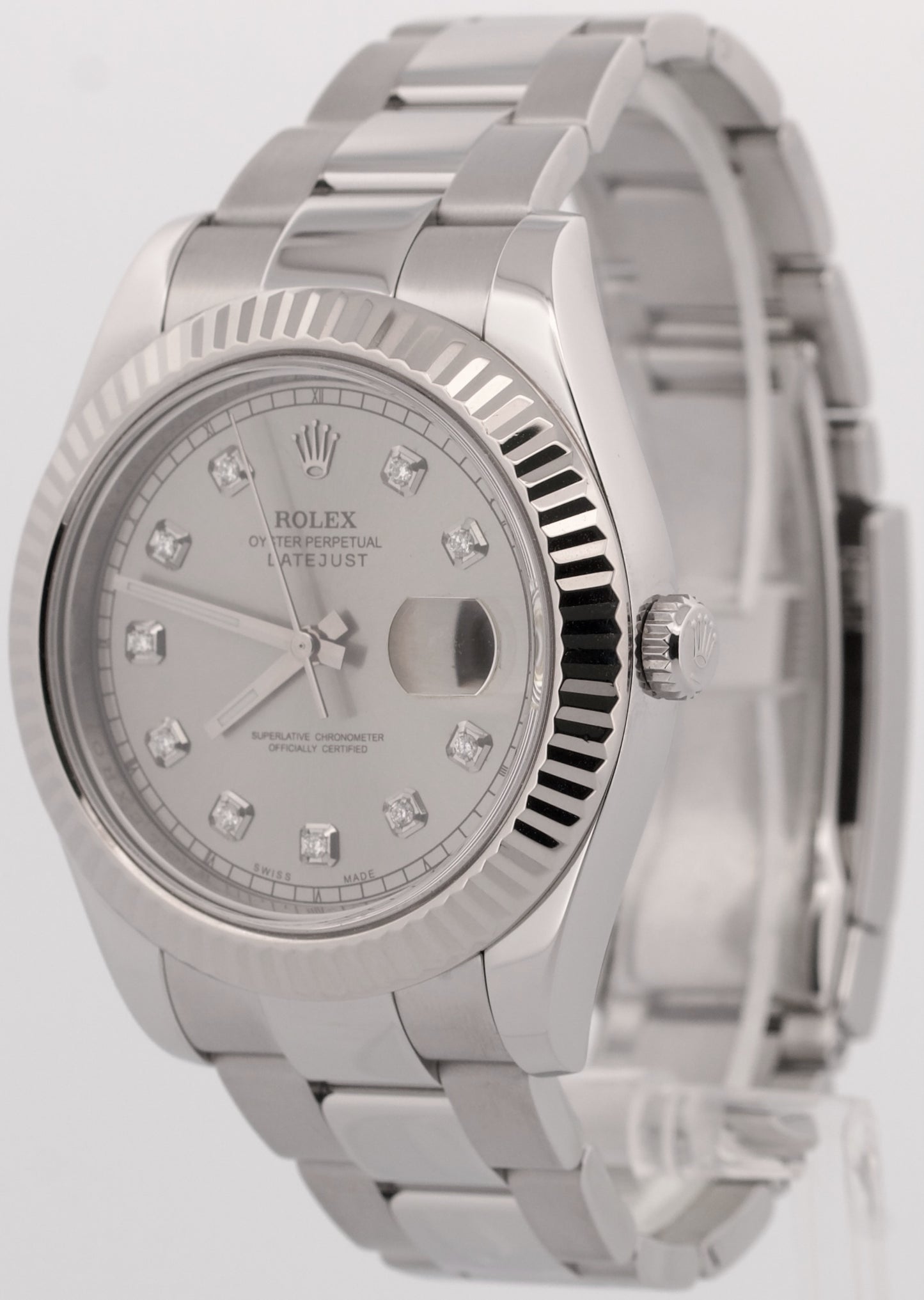 Rolex DateJust II SILVER DIAMOND Stainless Steel 41mm 116334 18K Fluted OYSTER