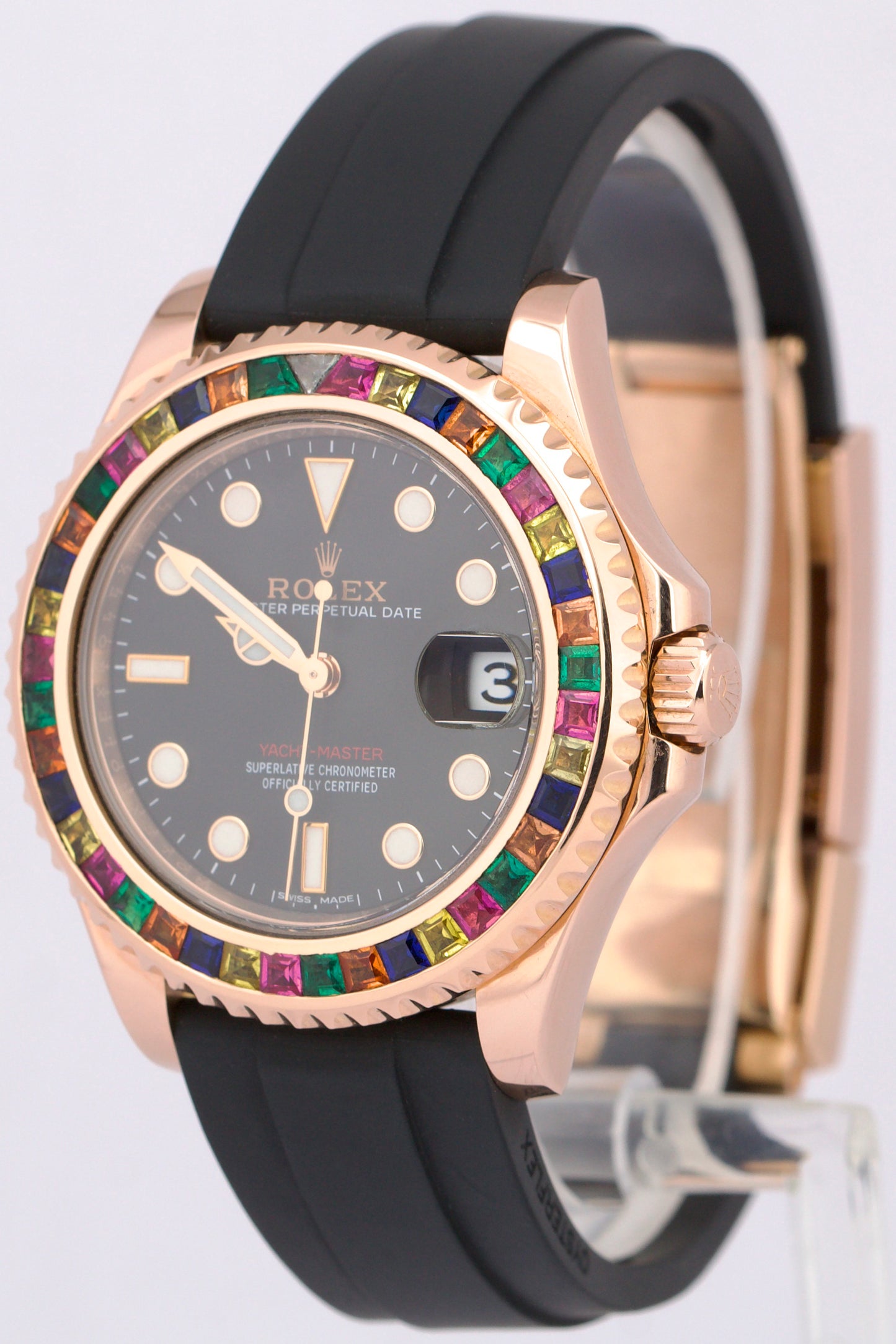 Rolex Yacht-Master 18k Rose Gold RAINBOW SAPPHIRE Black Oysterflex 37mm 268655