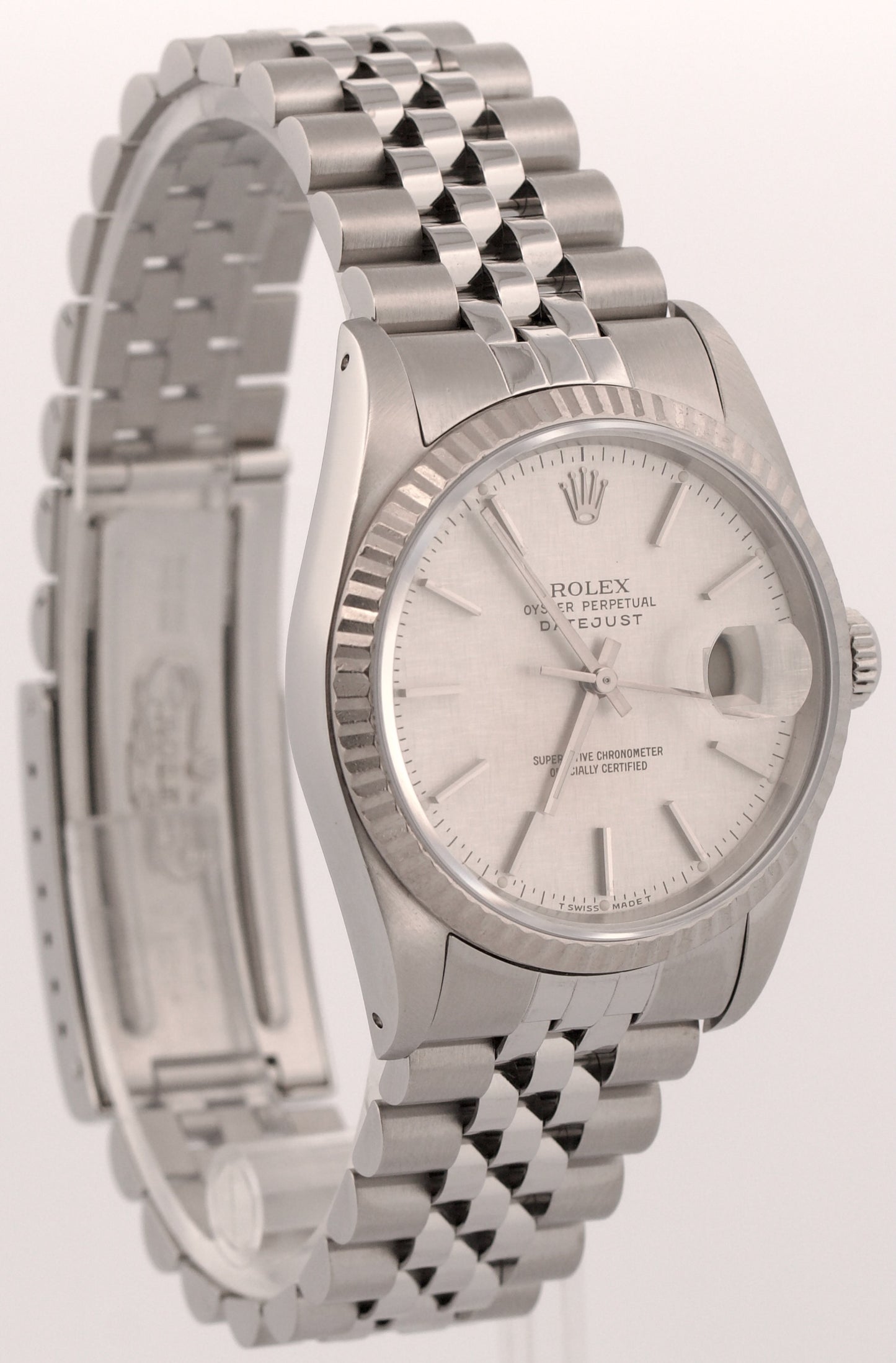 Rolex DateJust SILVER LINEN 36mm Stainless Steel 18K White Gold JUBILEE 16234