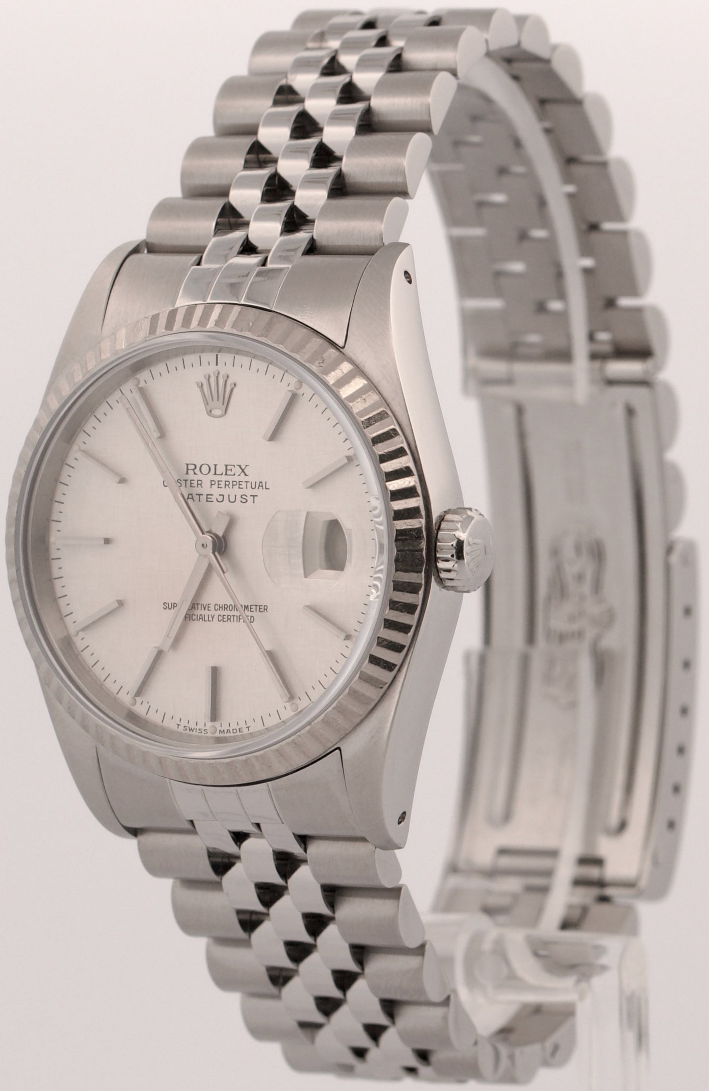 Rolex DateJust SILVER LINEN 36mm Stainless Steel 18K White Gold JUBILEE 16234