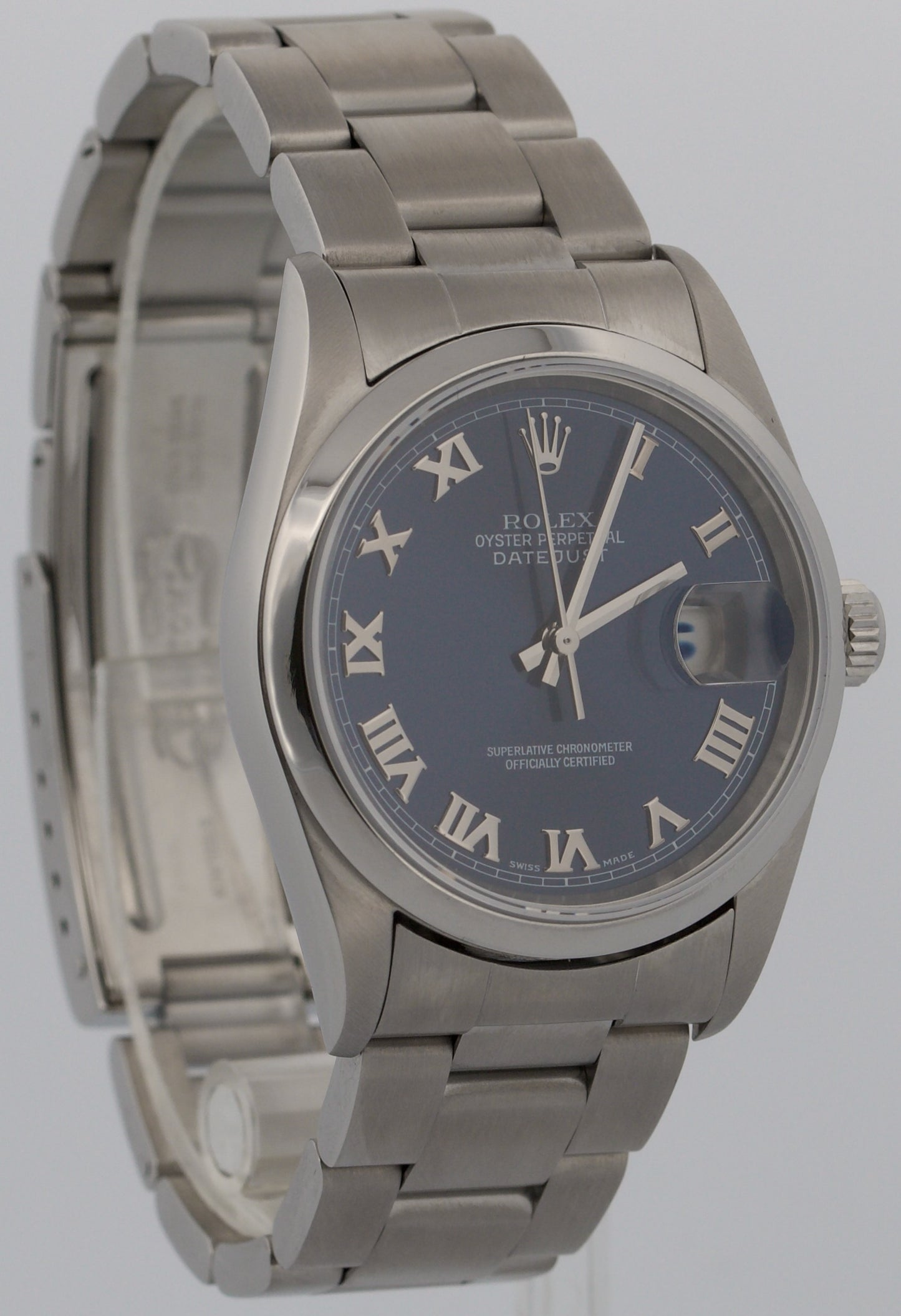 Rolex DateJust 36mm BLUE ROMAN Smooth Stainless Steel OYSTER Watch 16200