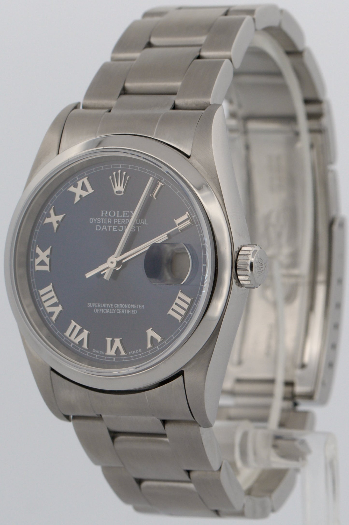 Rolex DateJust 36mm BLUE ROMAN Smooth Stainless Steel OYSTER Watch 16200