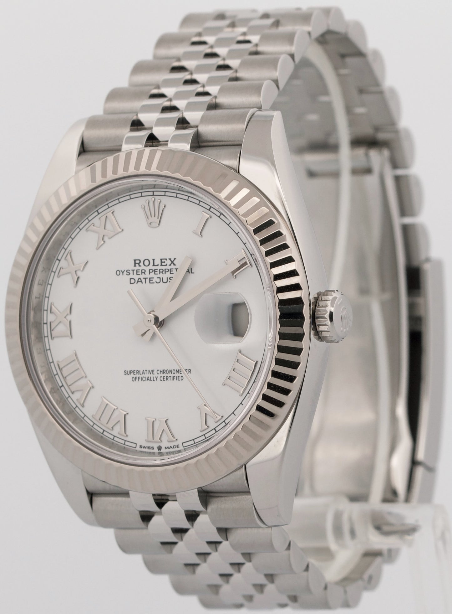 2021 PAPERS Rolex DateJust 41 WHITE ROMAN 18K Gold Steel JUBILEE 41mm 126334 BOX