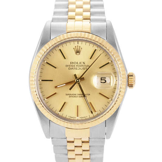 1988 PAPERS Rolex DateJust 36mm Champagne 18K Gold Two-Tone Watch 16013 B+P