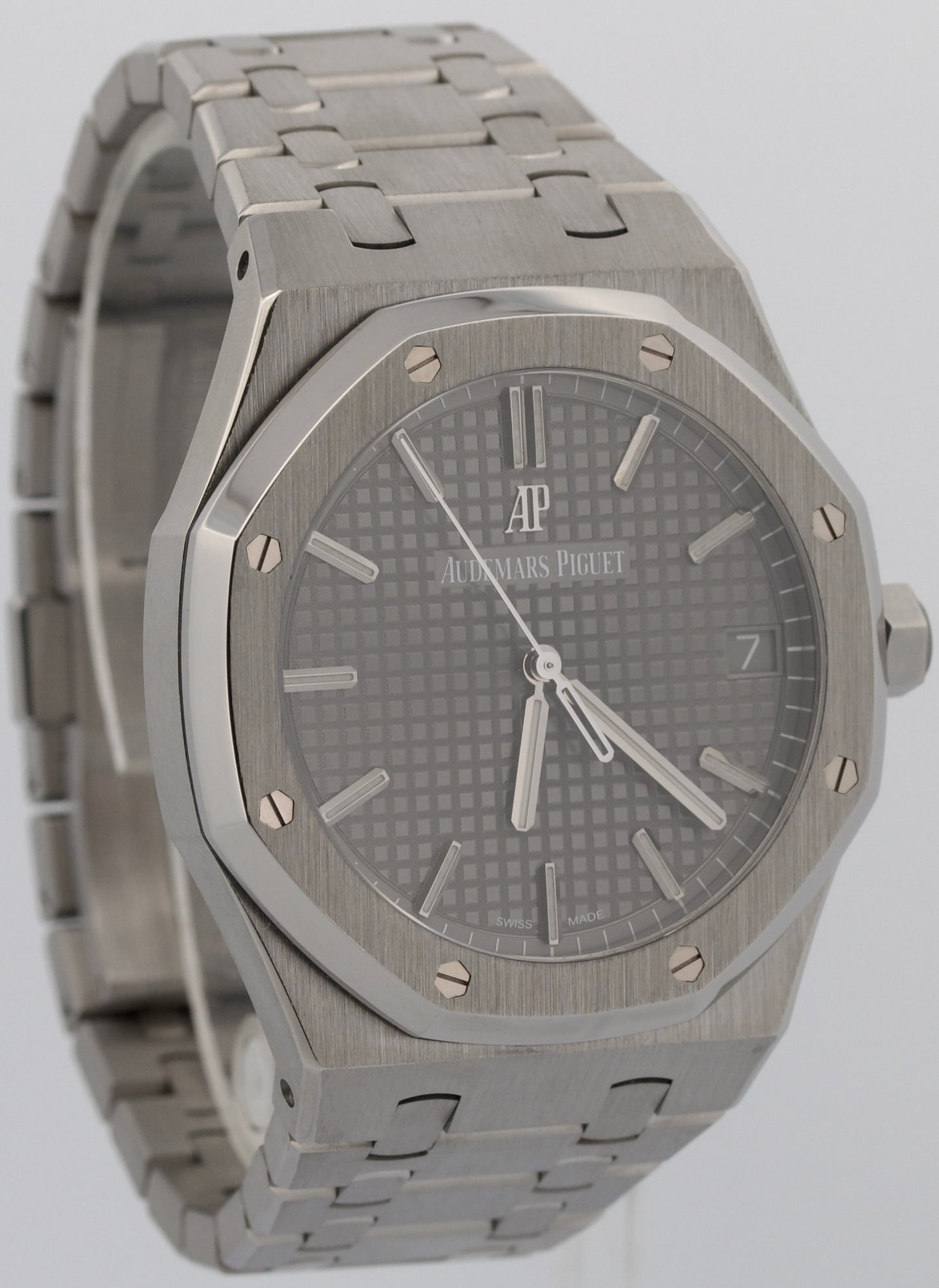 PAPERS Audemars Piguet Royal Oak Gray RHODIUM Stainless 41mm 15500ST Watch BOX
