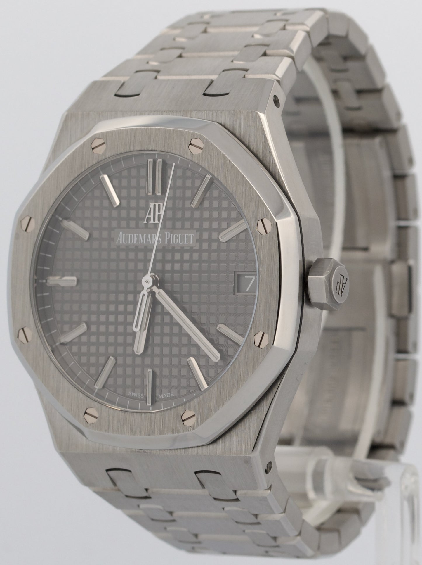 PAPERS Audemars Piguet Royal Oak Gray RHODIUM Stainless 41mm 15500ST Watch BOX