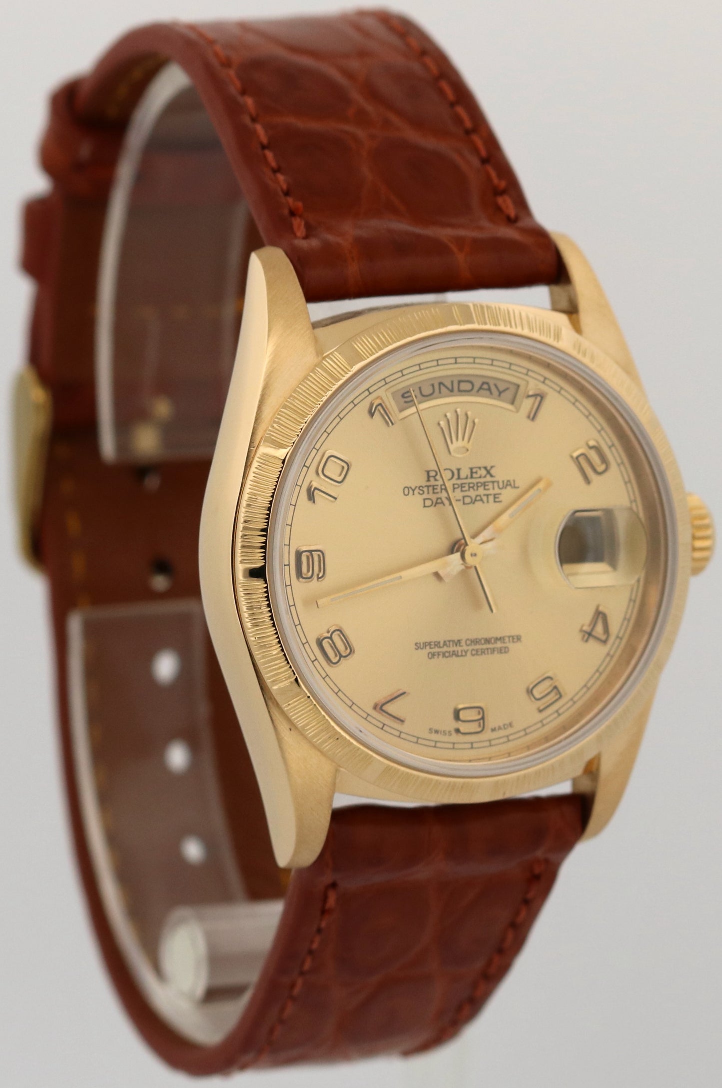1991 Rolex Day-Date 36mm CHAMPAGNE ARABIC 18K Gold BARK Leather Watch 18248