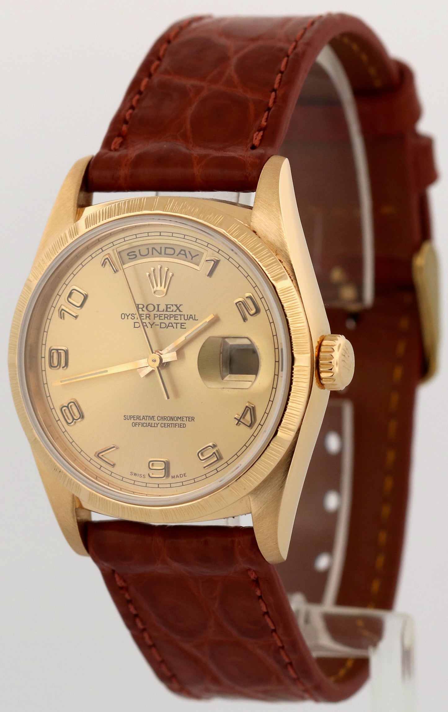 1991 Rolex Day-Date 36mm CHAMPAGNE ARABIC 18K Gold BARK Leather Watch 18248