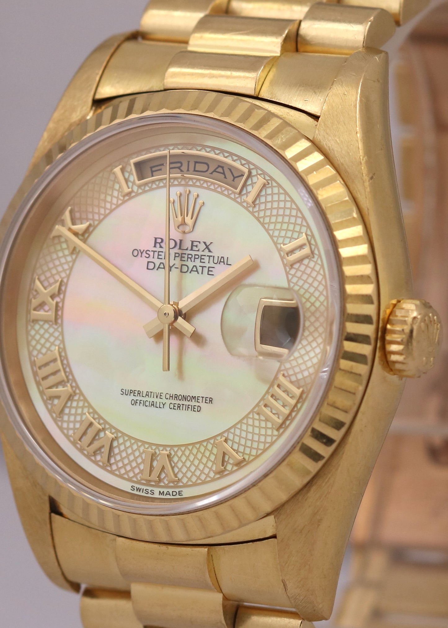 UNPOLISHED Rolex Day-Date President MOP DECO ROMAN 36mm 18K Yellow Gold 18238