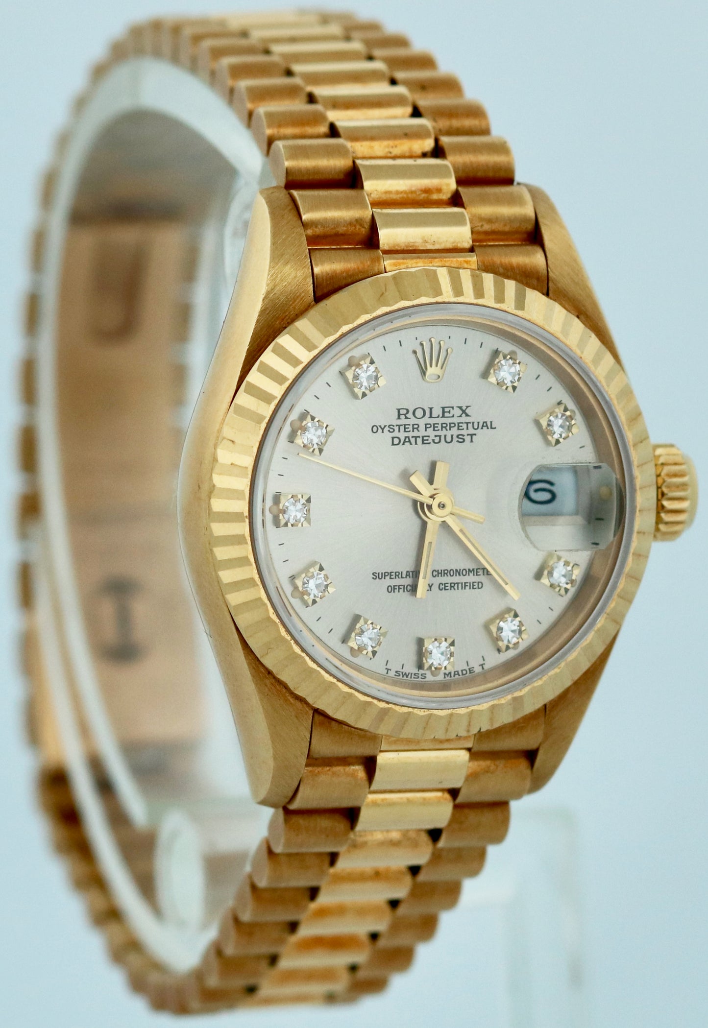 PAPERS Ladies Rolex DateJust President 26mm SILVER DIAMOND 18K Gold 69178 BOX