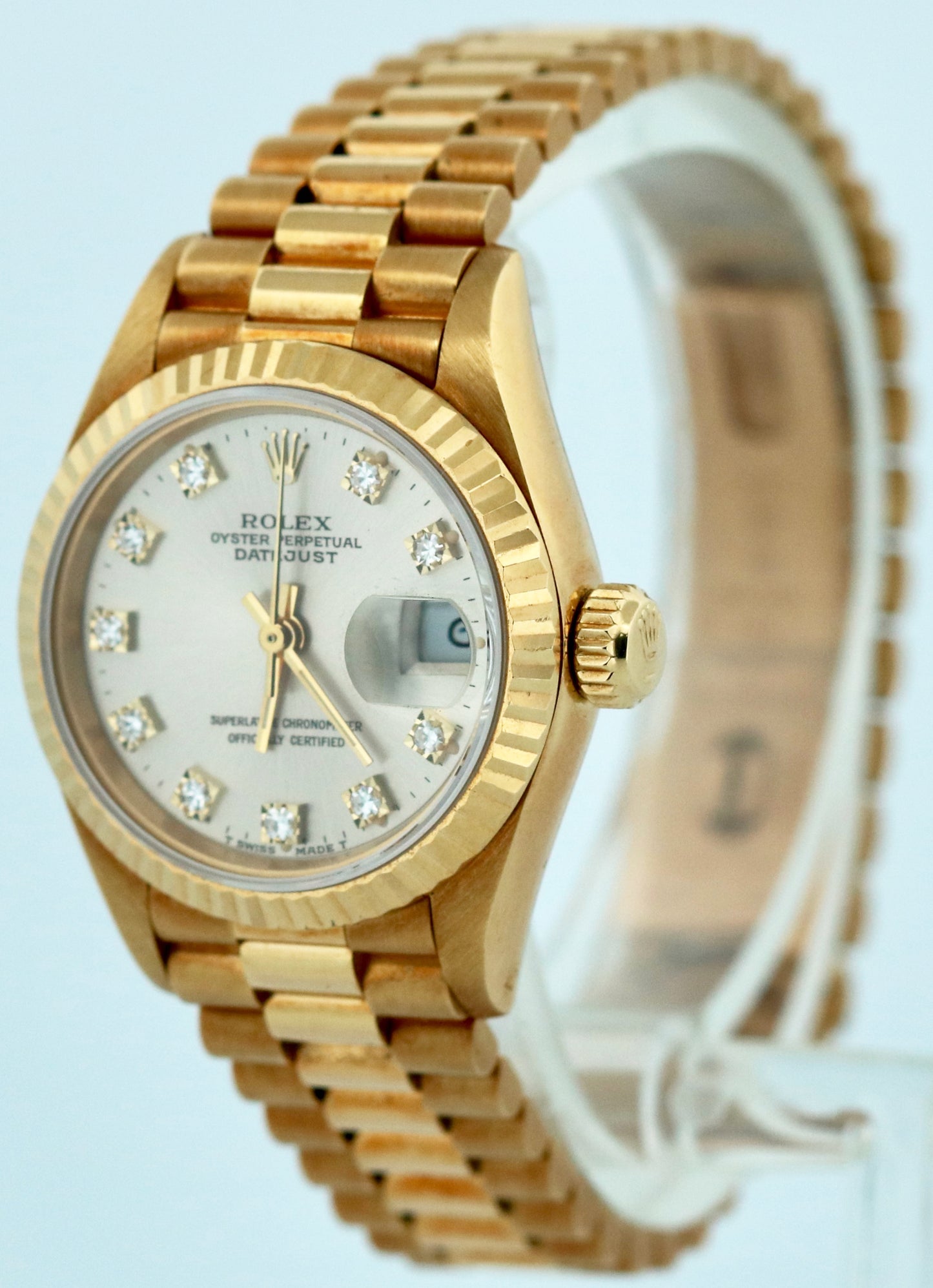 PAPERS Ladies Rolex DateJust President 26mm SILVER DIAMOND 18K Gold 69178 BOX