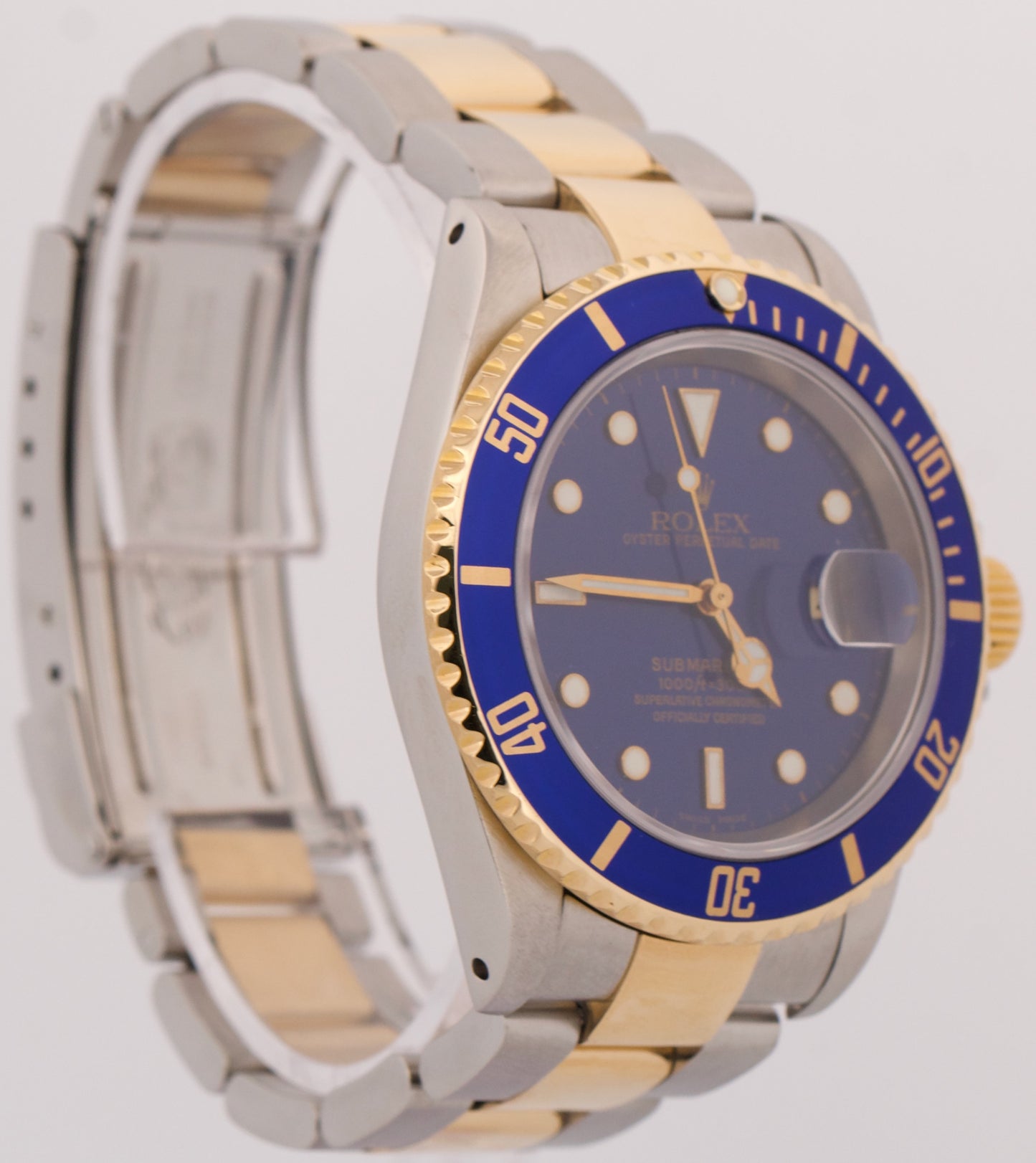 PAPERS Rolex Submariner 40mm BLUE 18K Yellow GOLD BUCKLE Stainless 16613 BOX