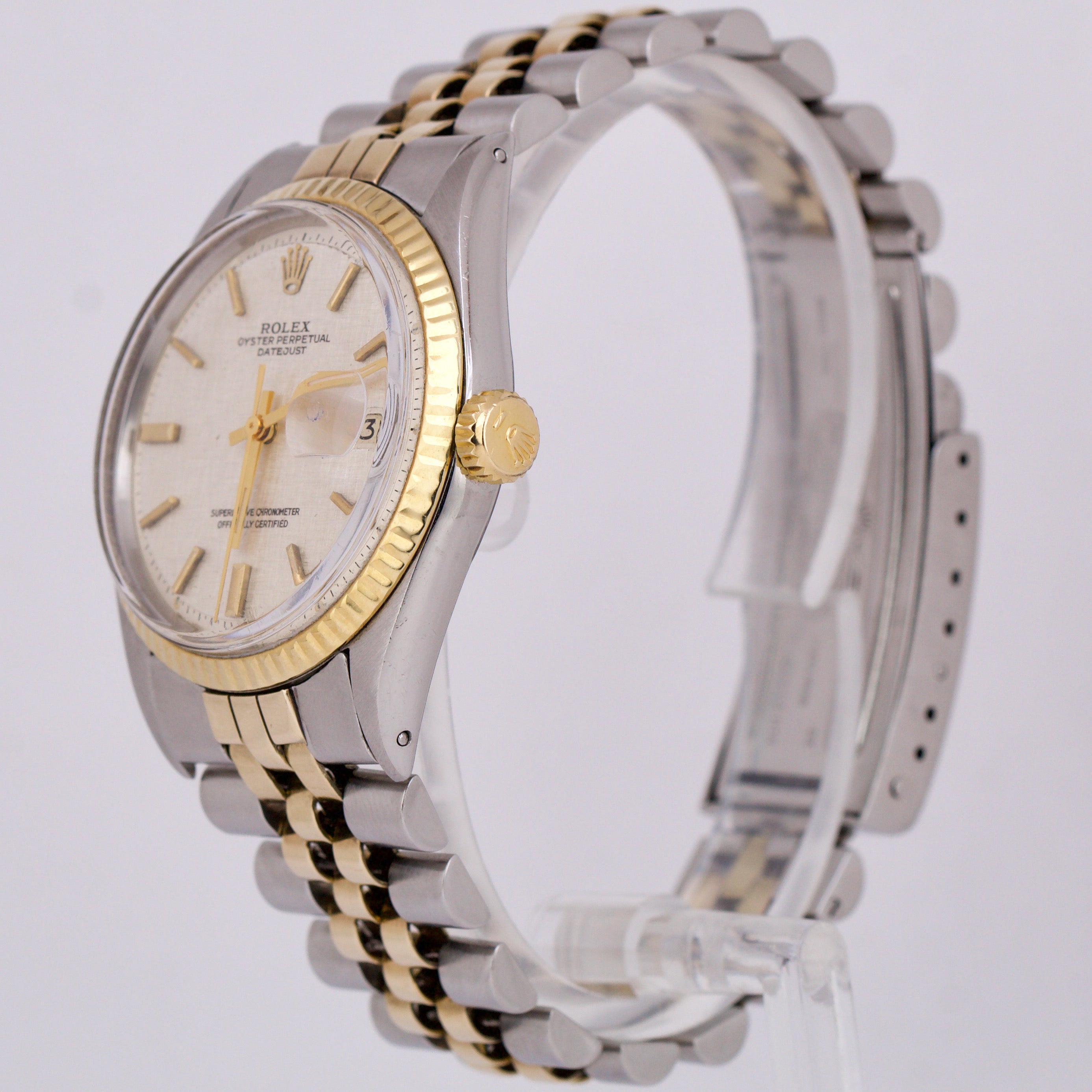 1971 Rolex DateJust 36mm SILVER LINEN 18K Yellow Gold Steel Fluted