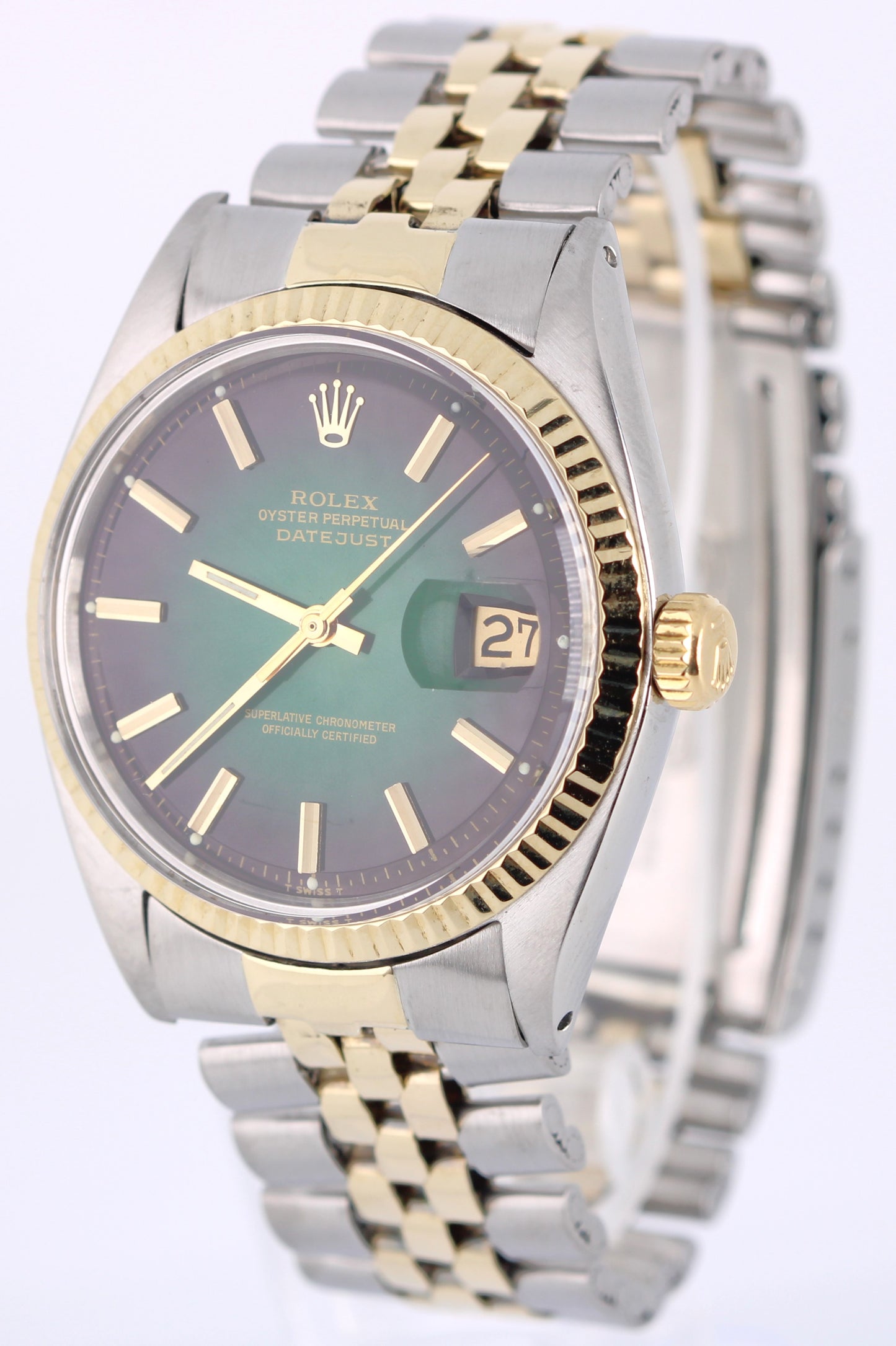 VINTAGE Rolex DateJust Two-Tone 18k Gold Steel GREEN VIGNETTE 36mm 1601 Watch