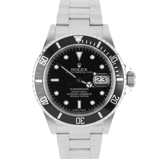 Rolex Submariner Date PAPERS Steel NO-HOLES REHAUT Black 40mm 16610 Watch BOX