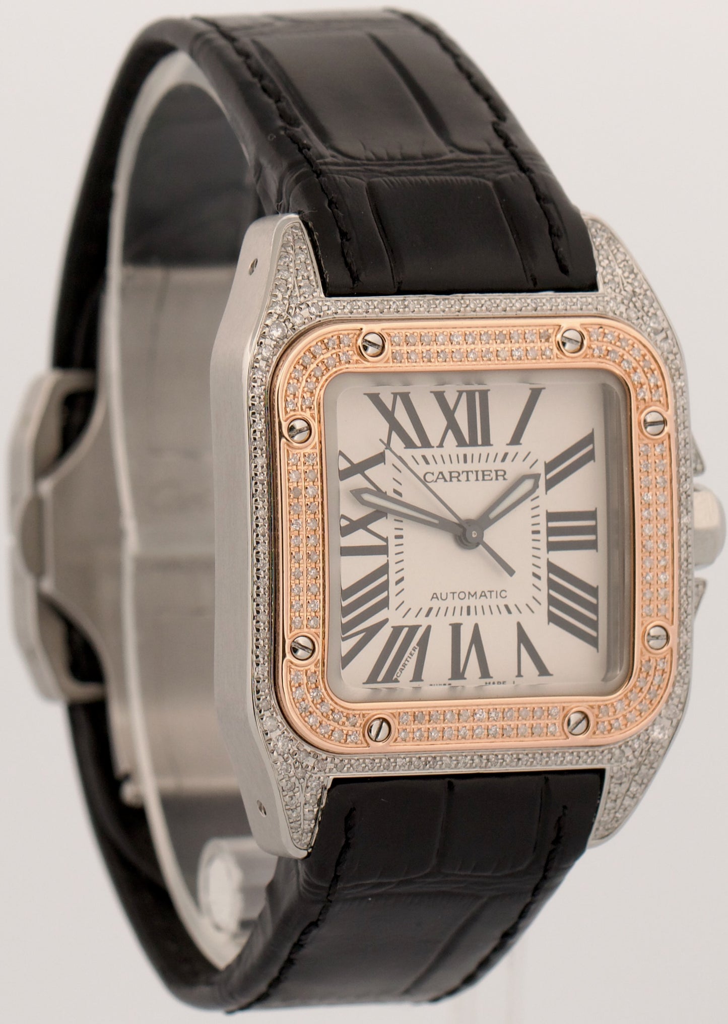 Cartier Santos 100 PAVE DIAMOND 33mm Two-Tone 18K Rose Gold Steel 2878 W20107X7