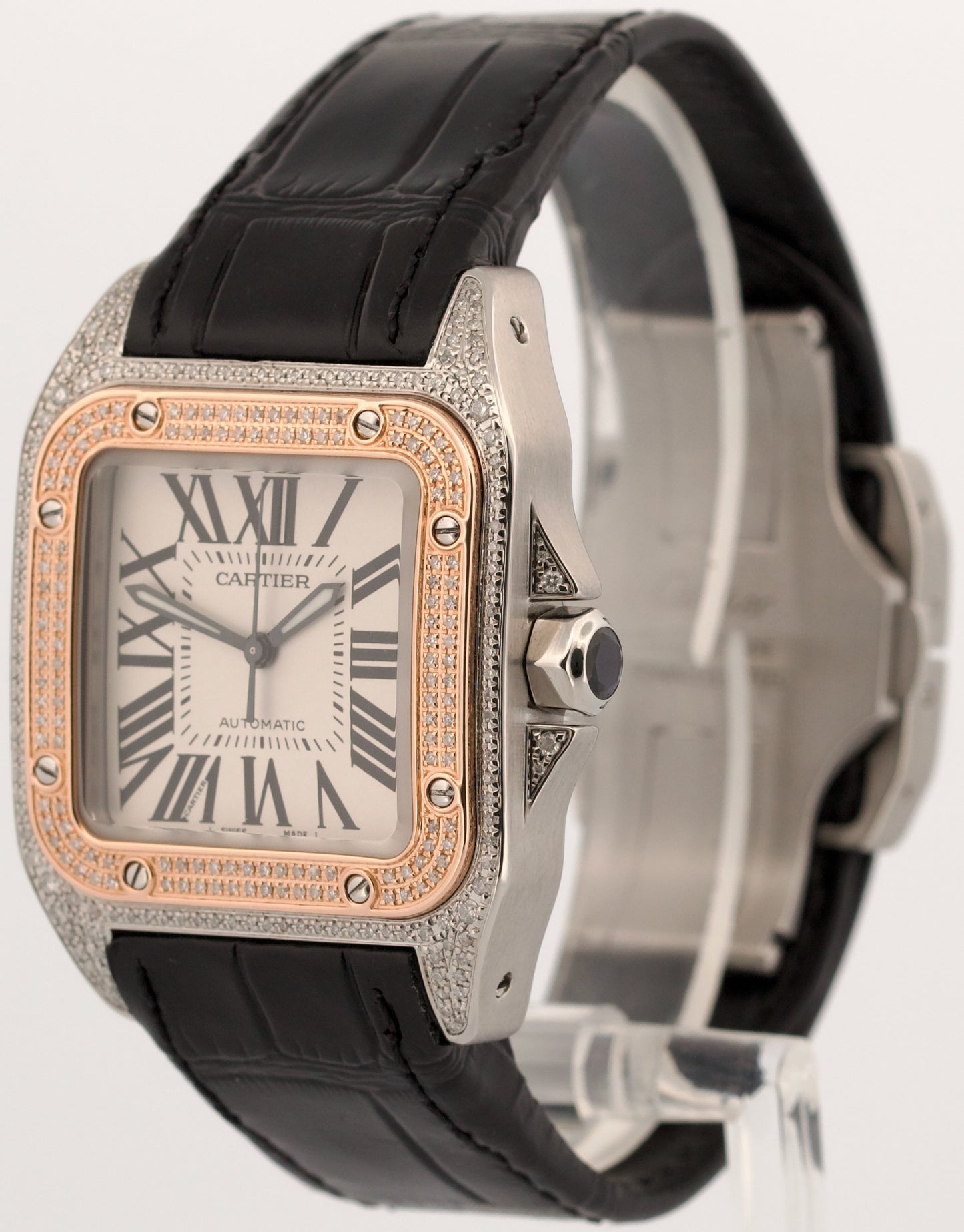 Cartier Santos 100 PAVE DIAMOND 33mm Two-Tone 18K Rose Gold Steel 2878 W20107X7