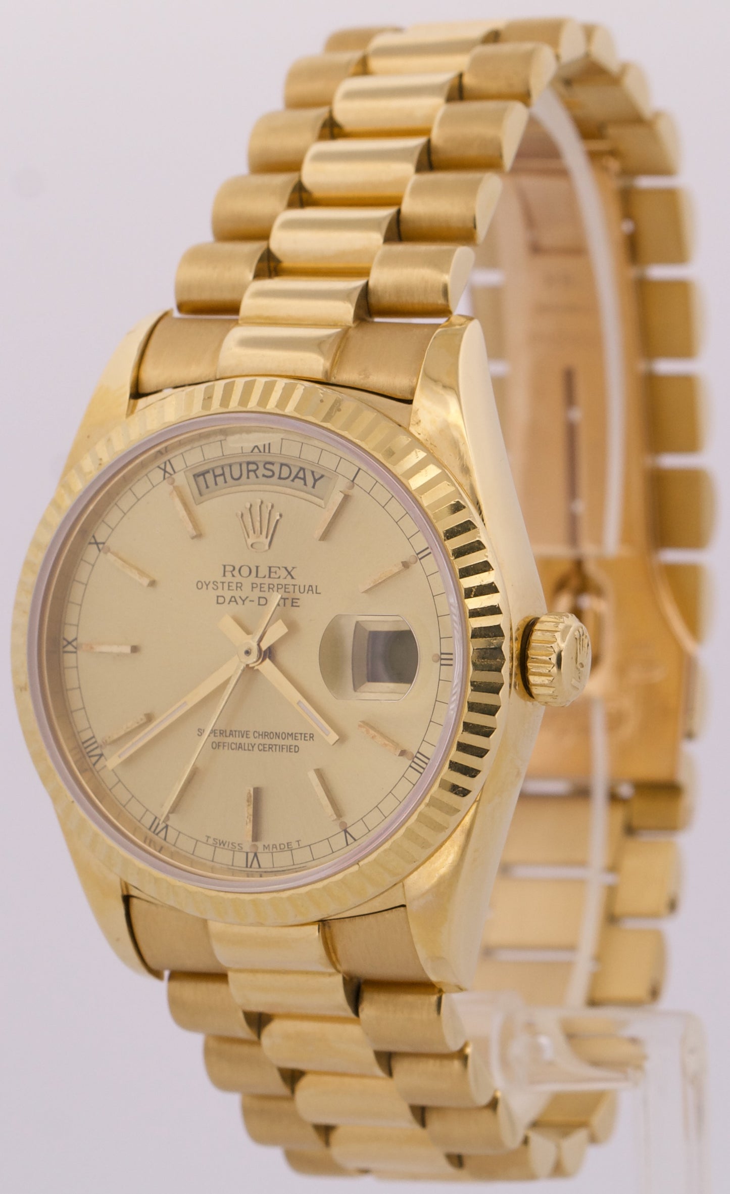 1985 Rolex Day-Date President CHAMPAGNE 36mm 18K Yellow Gold Fluted Watch 18038