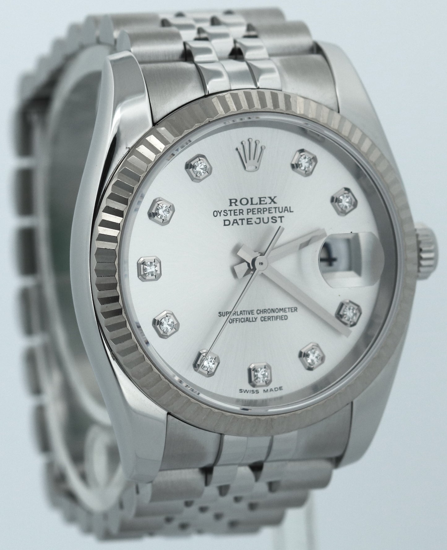 Rolex DateJust 36mm SILVER DIAMOND 18K Stainless Steel SUPER JUBILEE 116234