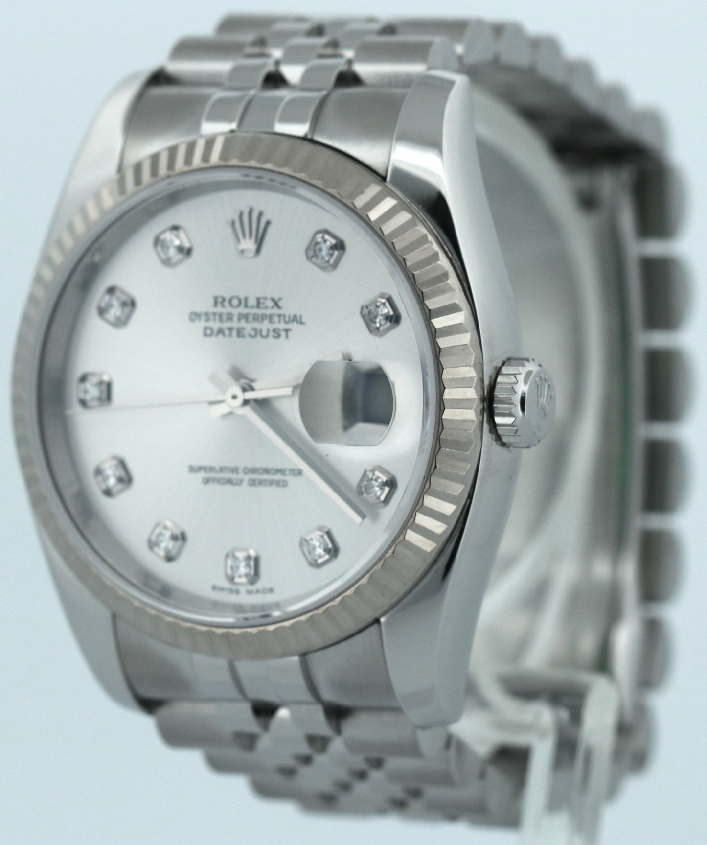 Rolex DateJust 36mm SILVER DIAMOND 18K Stainless Steel SUPER JUBILEE 116234