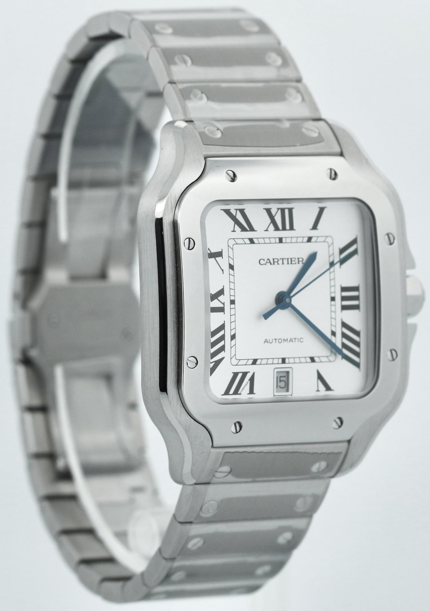 NEW STICKERED PAPERS Cartier Santos 39.8mm White Roman Steel 4072 WSSA0018 BOX
