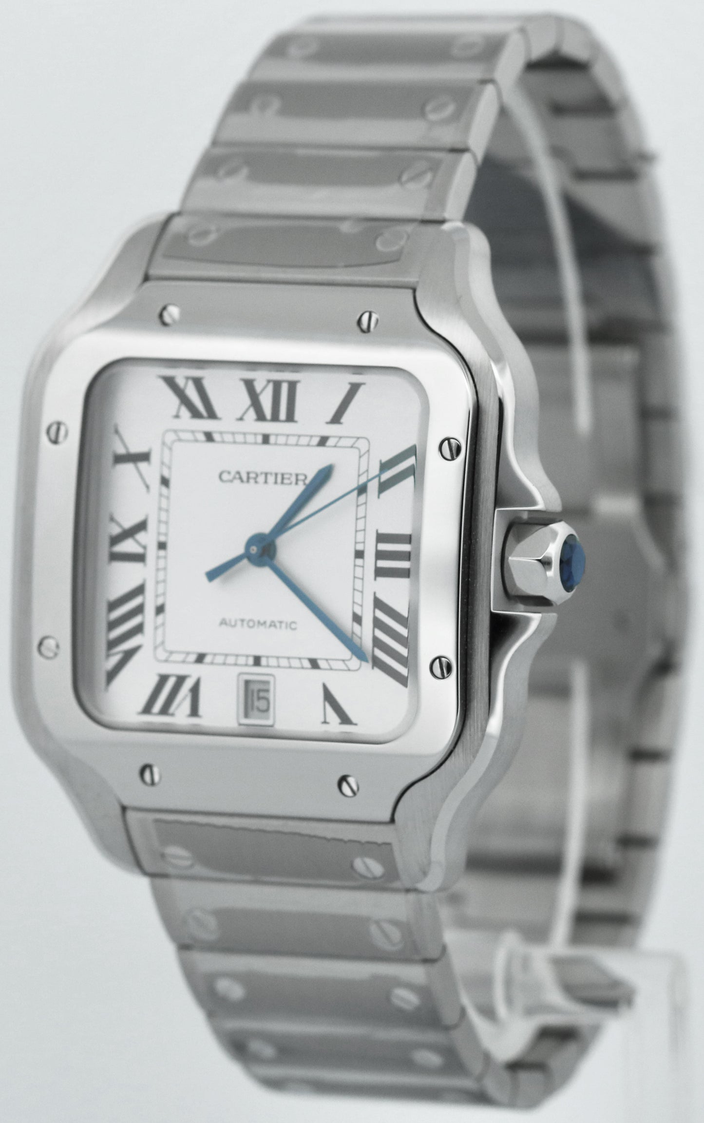 NEW STICKERED PAPERS Cartier Santos 39.8mm White Roman Steel 4072 WSSA0018 BOX