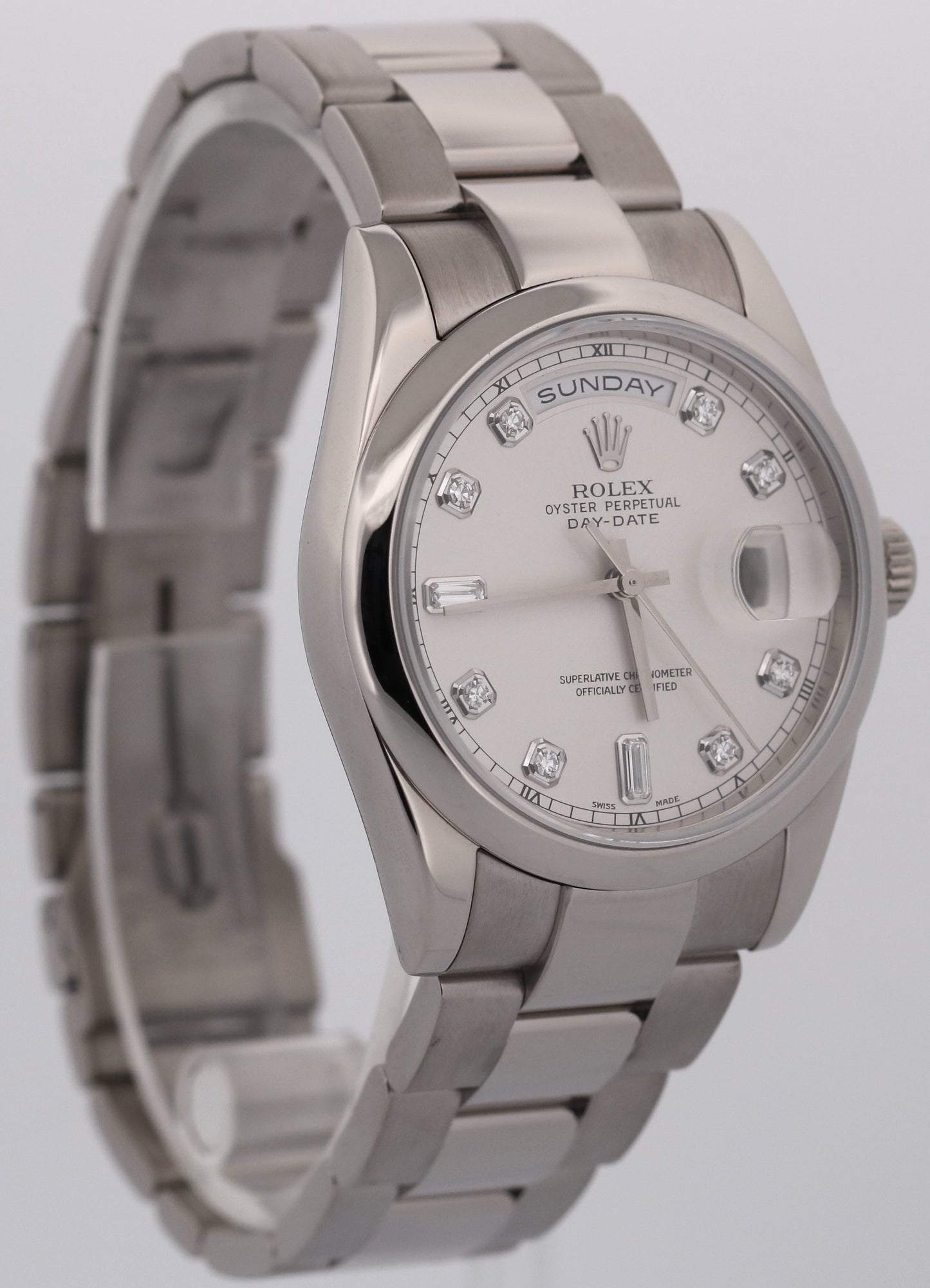 Rolex Day-Date SILVER DIAMOND 36mm 18k White Gold OYSTER Smooth 118209 Watch