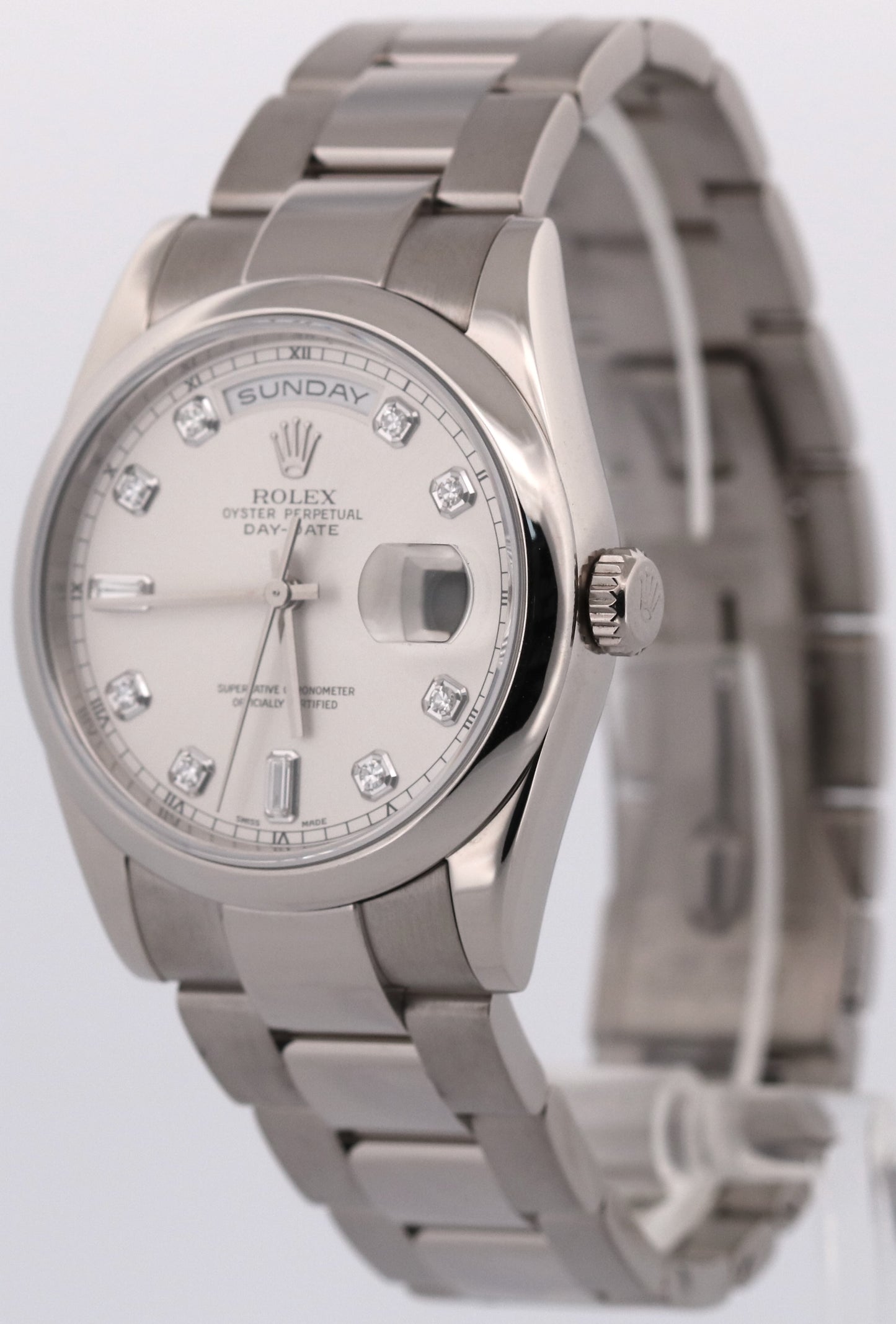 Rolex Day-Date SILVER DIAMOND 36mm 18k White Gold OYSTER Smooth 118209 Watch