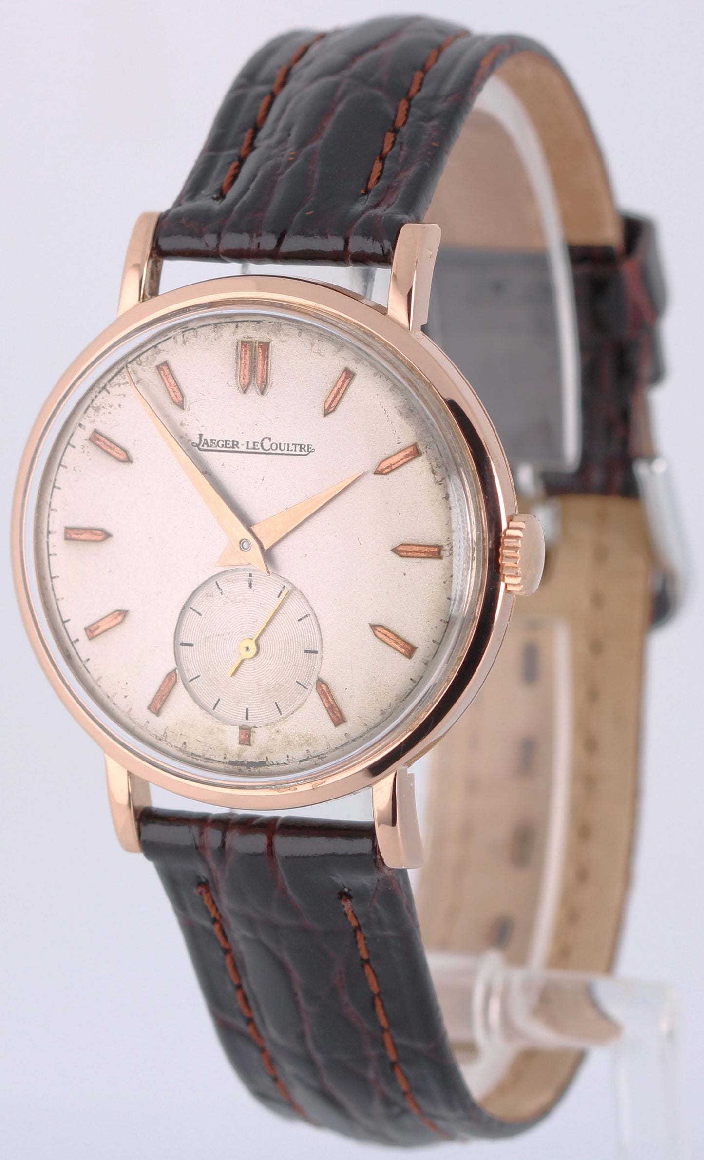 VINTAGE Jaeger-LeCoultre Time-Only PAPERS 18k Rose Gold Silver 36mm Watch BOX